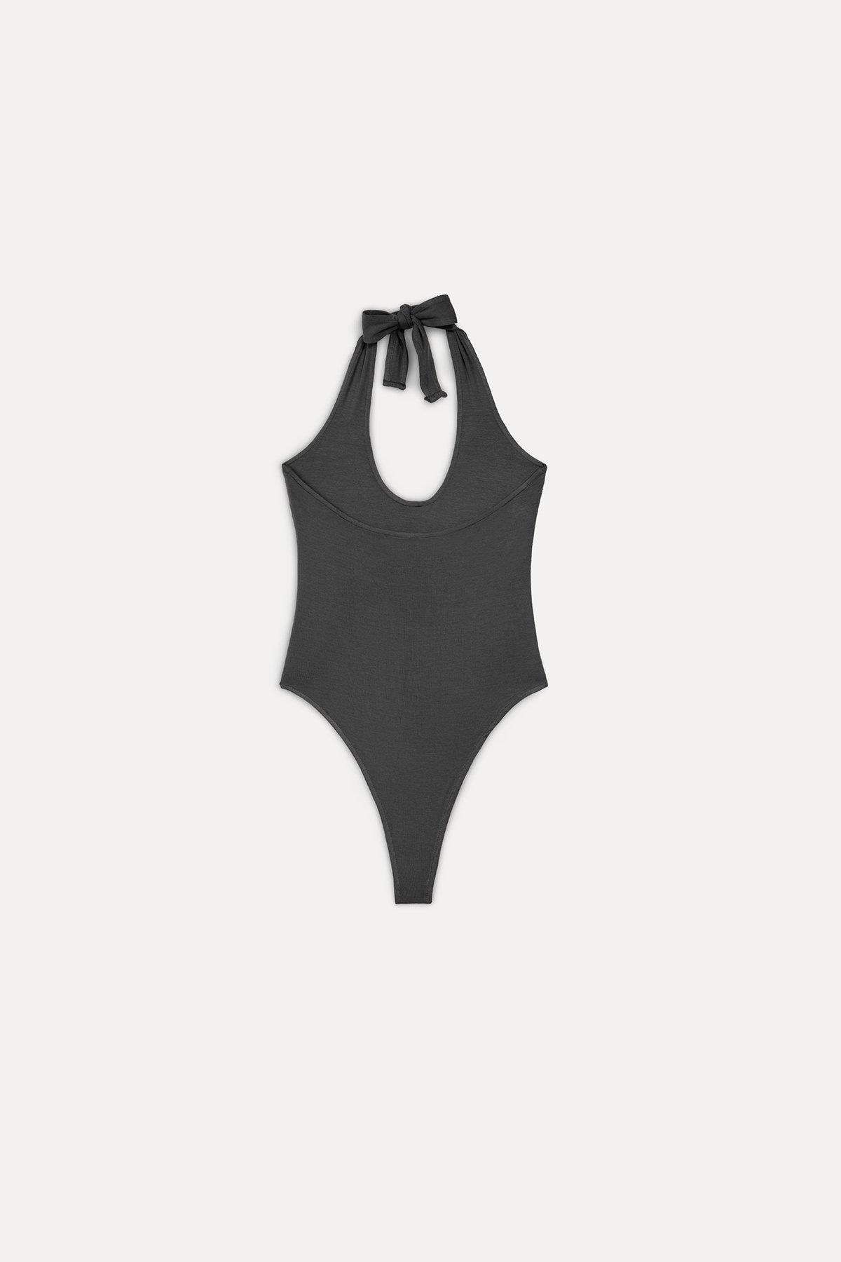 Boyundan bağlamalı thong bodysuit GRİ