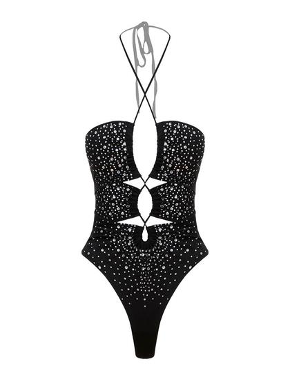 ASKILI DEKOLTELİ KRİSTAL TAŞLI BODY - SİYAH