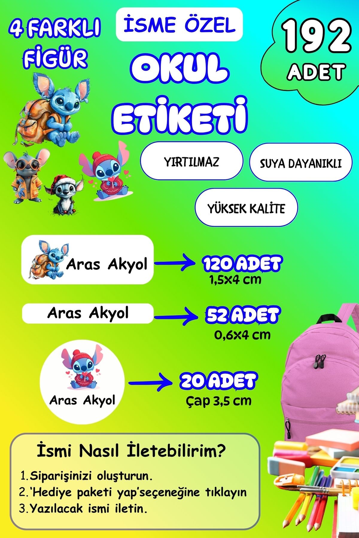 İsme Özel Okul Etiketi Kalem/Defter/Matara Etiketi Sticker Stitch Temalı 192 Adet