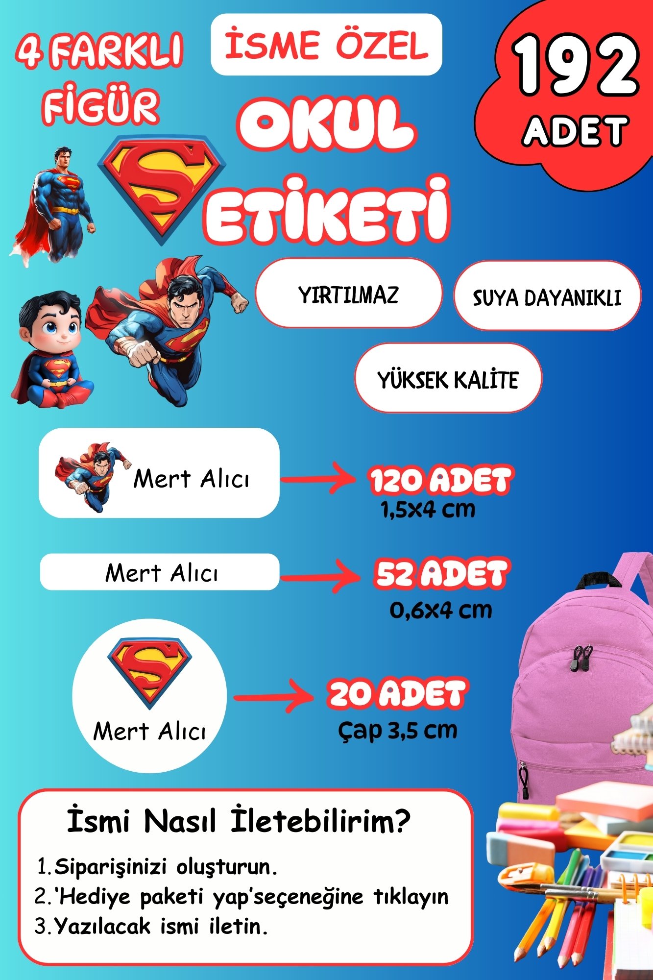 İsme Özel Okul Etiketi Kalem/Defter/Matara Etiketi Sticker SuperMan Temalı 192 Adet