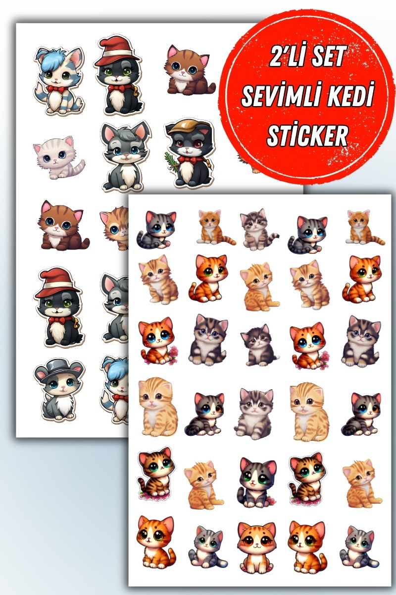 Birikiyedi Sevimli Kedi Temalı 2'Li Set Sticker Planner Ajanda Bullet Journal Için Uygun Set