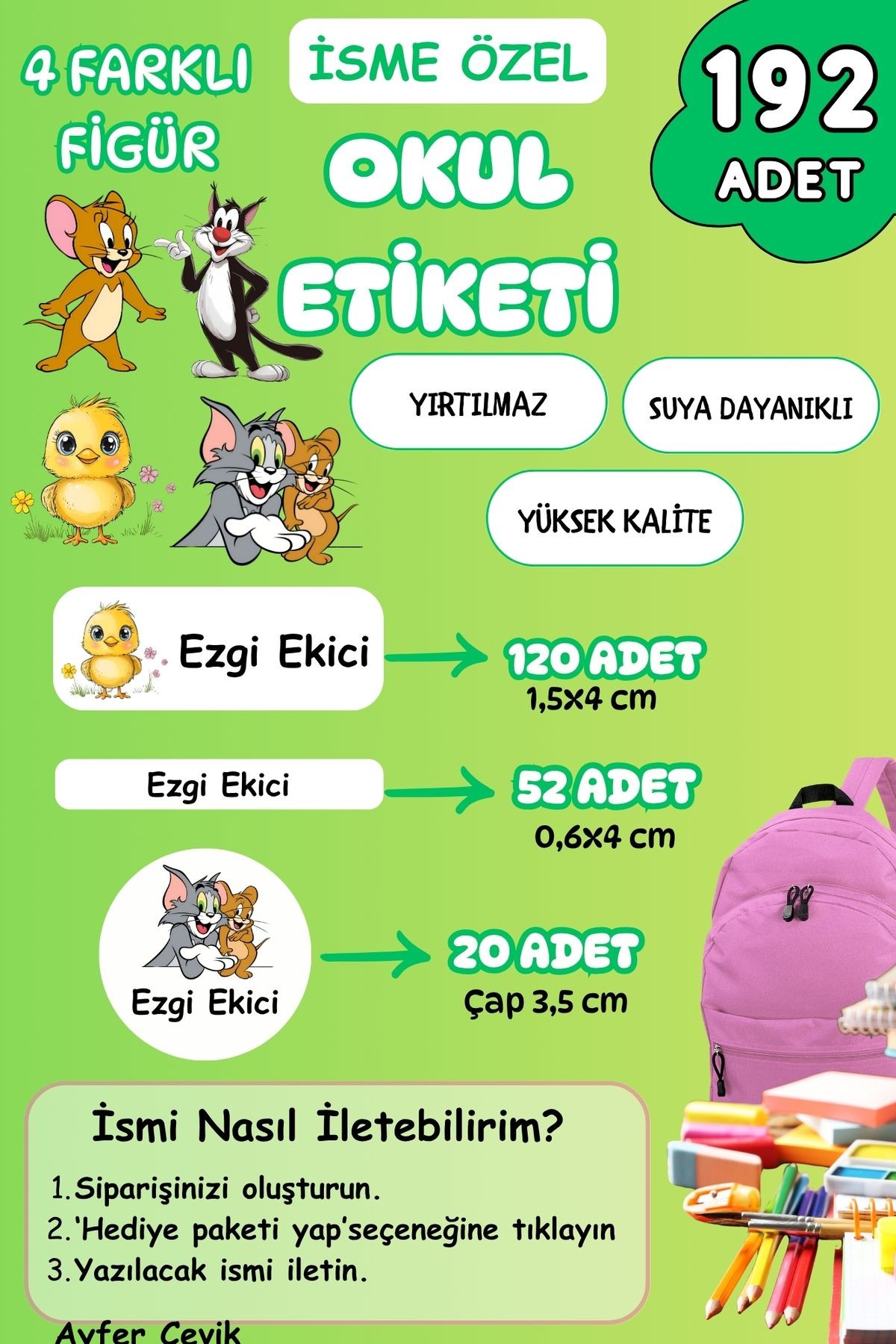 İsme Özel Okul Etiketi Kalem/Defter/Matara Etiketi Sticker Tom ve JerryTemalı 192 Adet