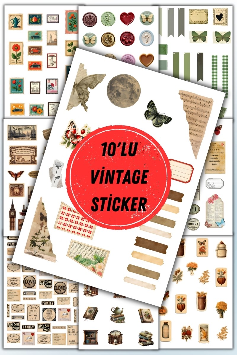 10'lu Vintage Sticker Planner Ajanda Bullet Journal Için Uygun Set
