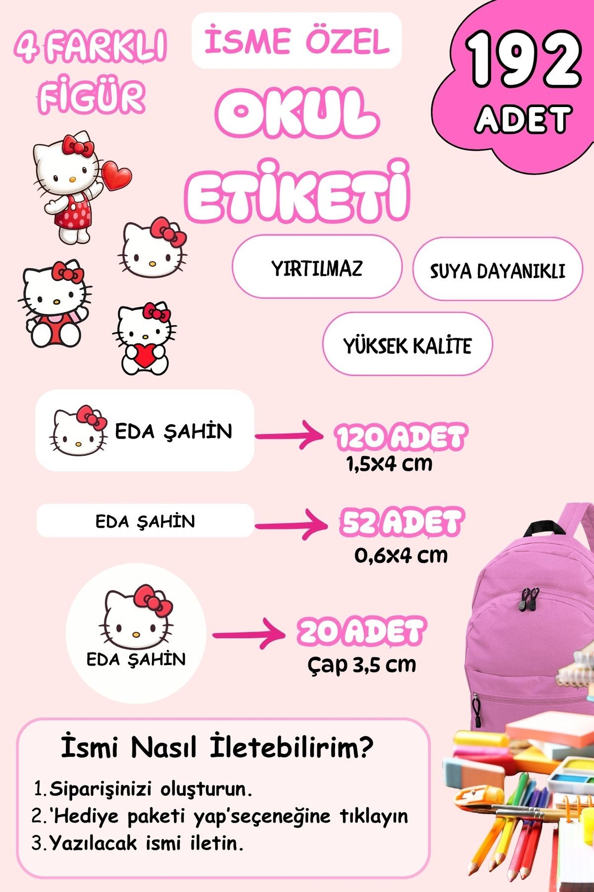 İsme Özel Okul Etiketi Kalem/Defter/Matara Etiketi Sticker Hello Kitty Temalı 192 Adet