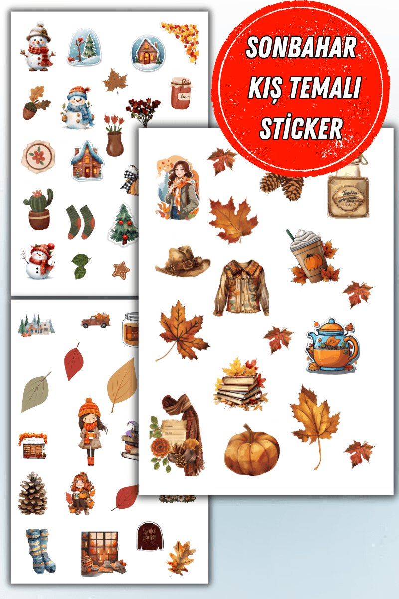 Birikiyedi Sonbahar-Kış Temalı 3'Lü Sticker Planner Ajanda Bullet Journal Için Uygun Set