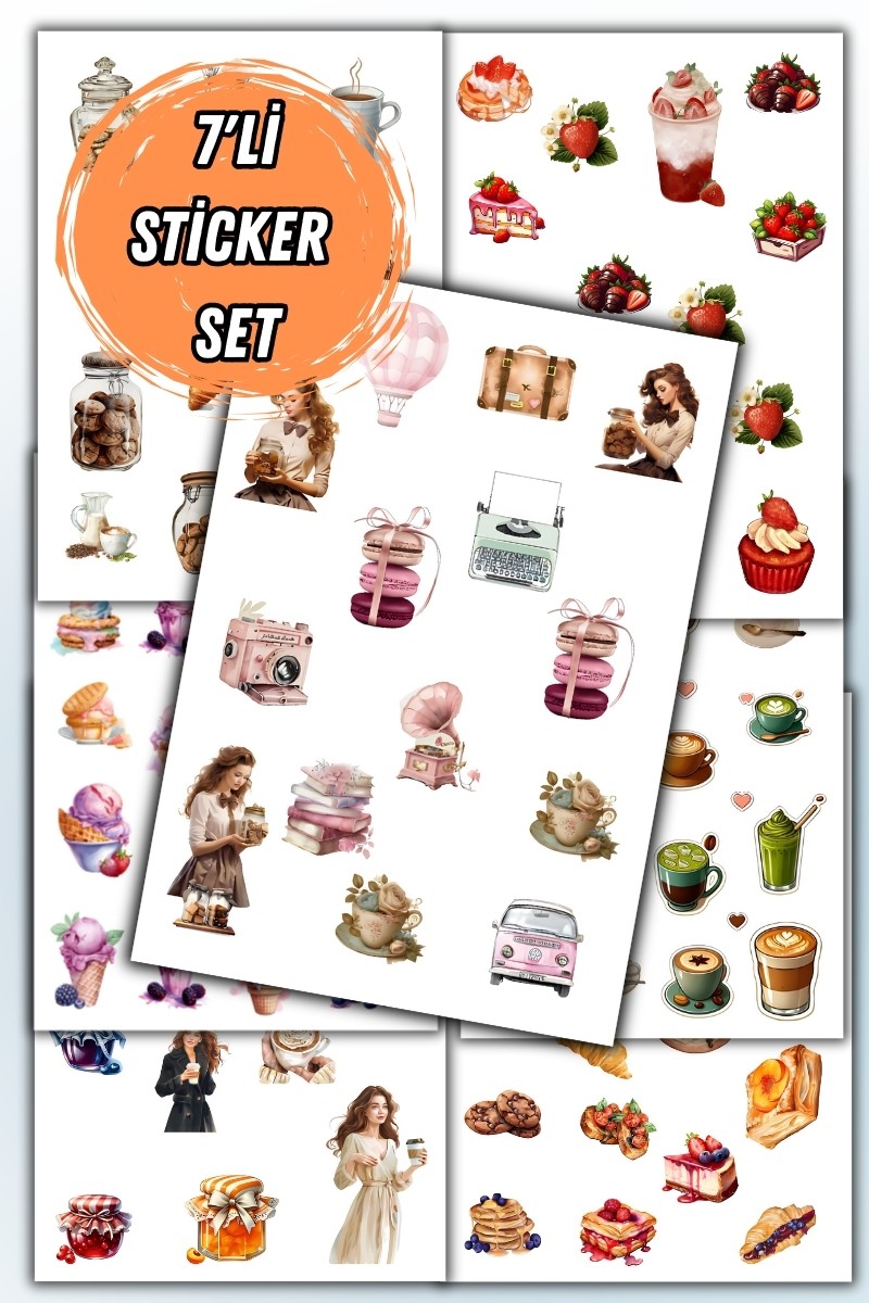 Birikiyedi 7'Lİ Çay Saati Seti Planlayıcı Sticker Seti Planner Ajanda Bullet Journal İçin Uygun Set Etiket