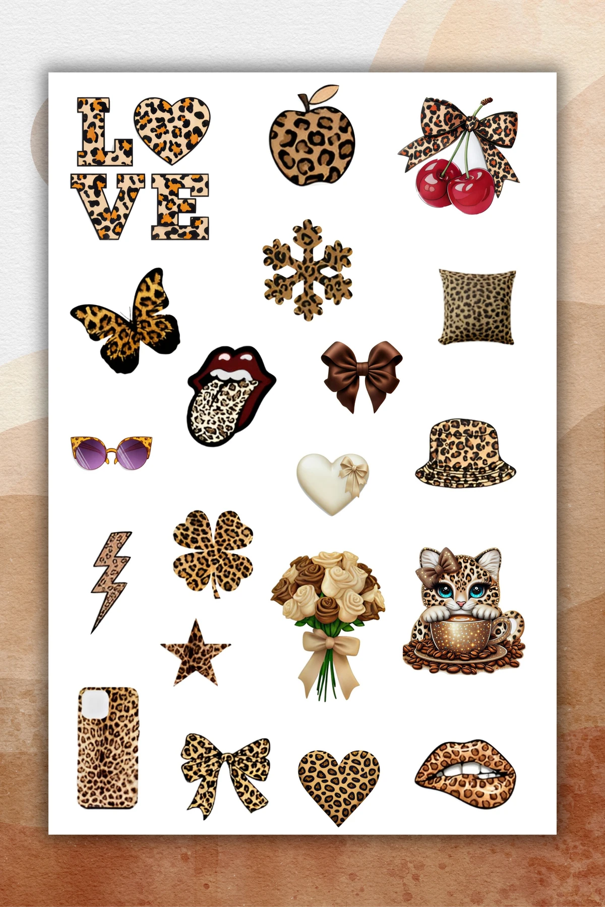 2 Sayfa Kahverengi-Leopar Sticker Set Planner Ajanda Bullet Journal için Uygun Set