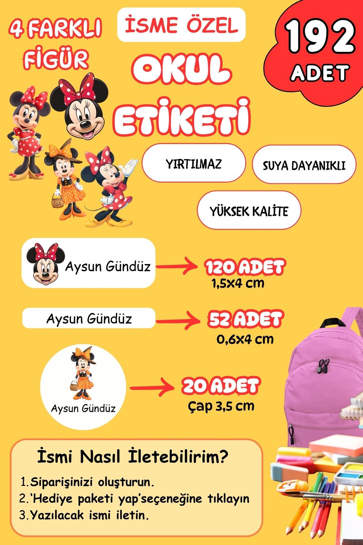 İsme Özel Okul Etiketi Kalem/Defter/Matara Etiketi Sticker Minnie Mouse Temalı 192 Adet