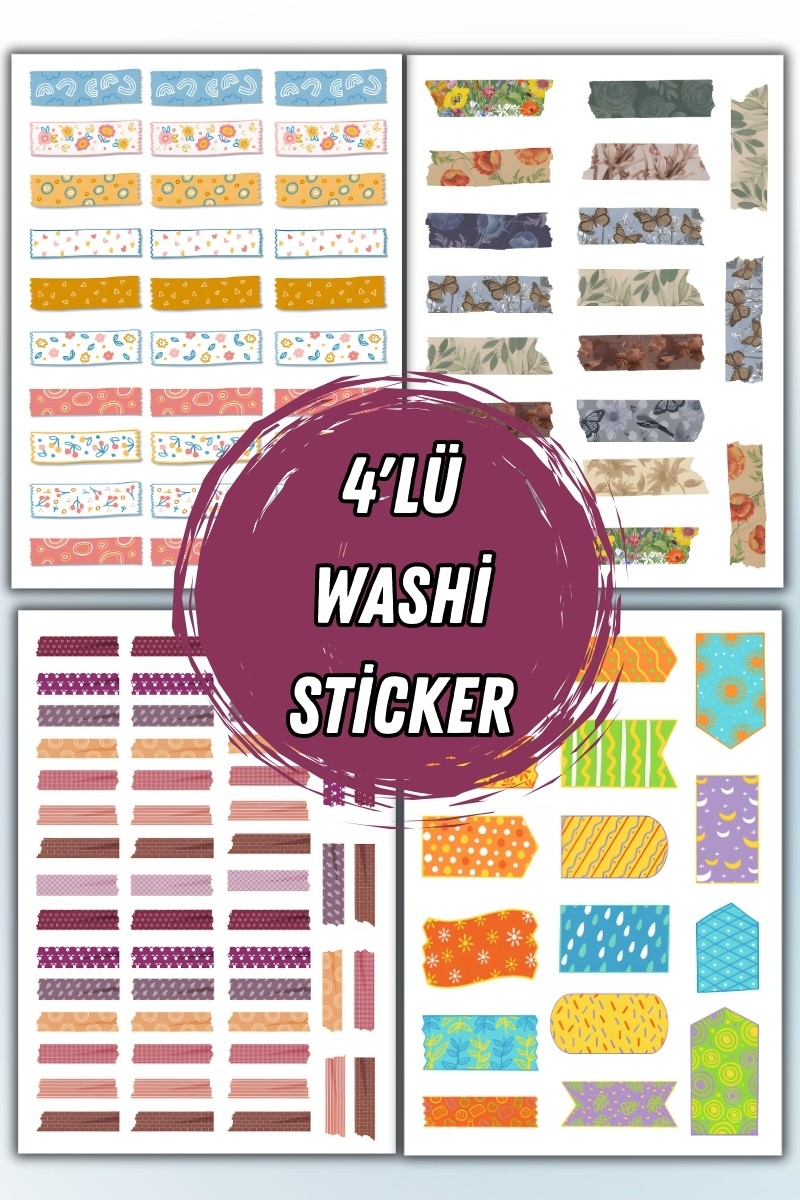 Birikiyedi 4 Lü Washi Sticker Seti / Bullet Journal Scrapbook Kolaj için uygun