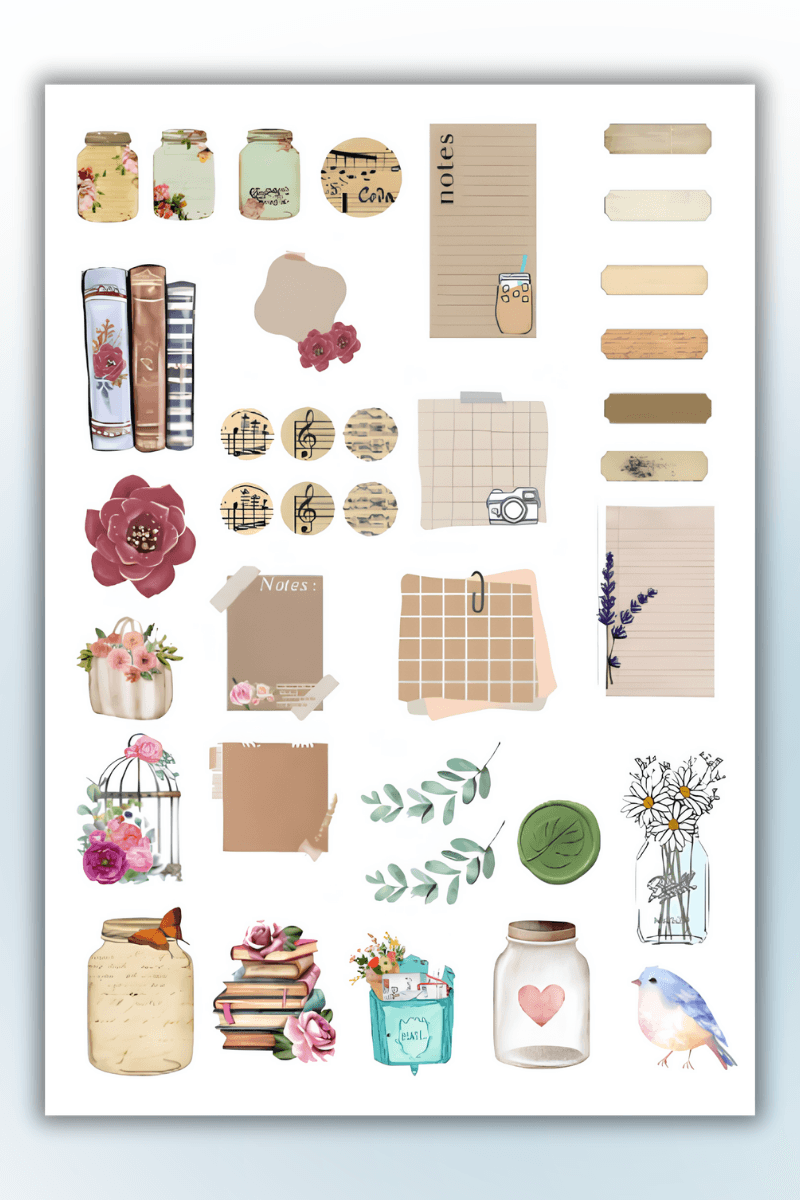 Birikiyedi 5'li Vintage Sticker Planner Ajanda Bullet Journal İçin Uygun Set