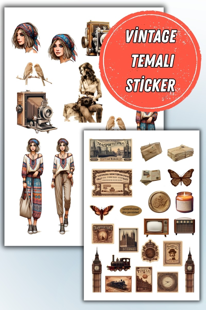 Birikiyedi Vintage Temalı 2'Li Set Sticker Planner Ajanda Bullet Journal Için Uygun