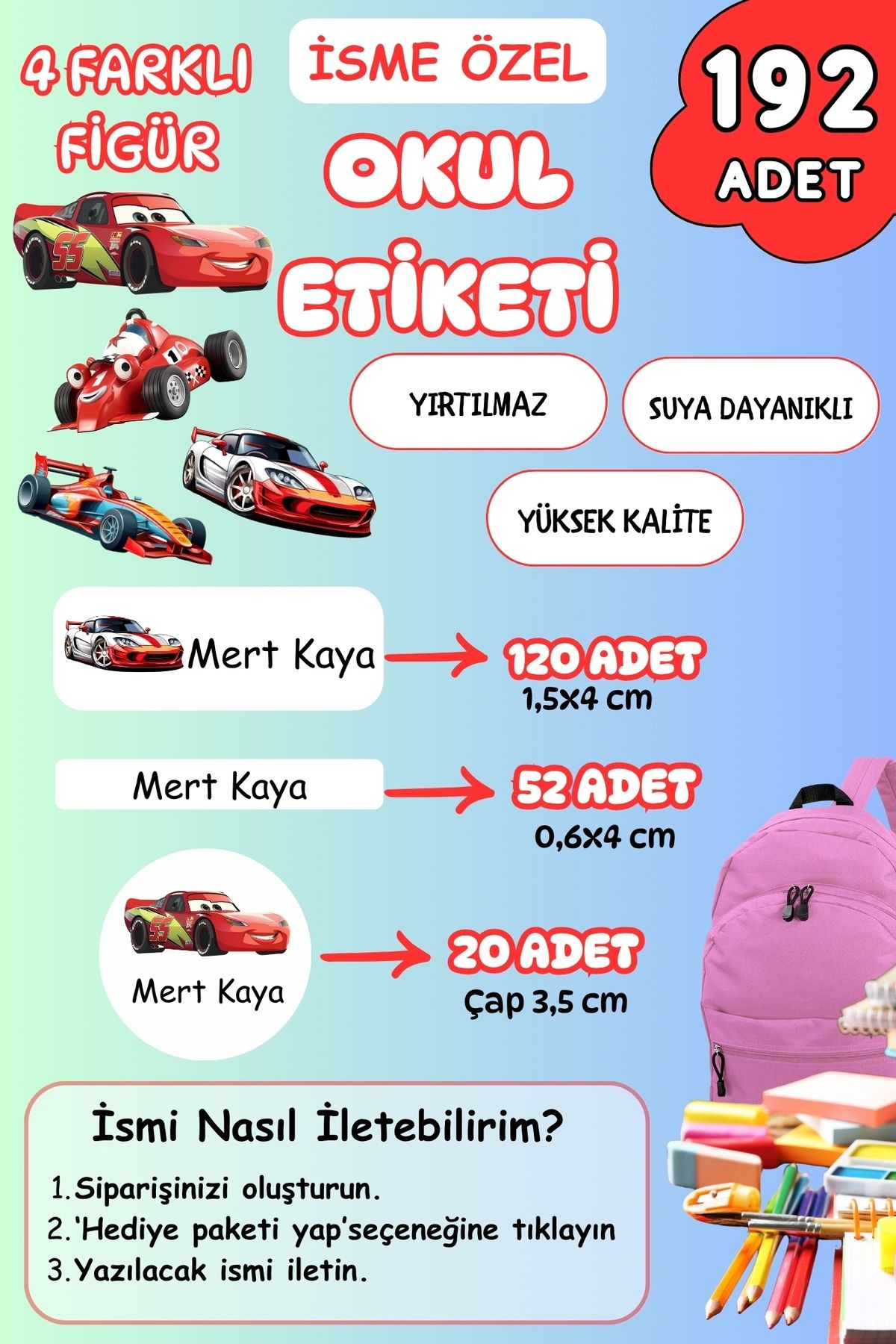 İsme Özel Okul Etiketi Kalem/Defter/Matara Etiketi Sticker Araba, Taşıtlar Temalı 192 Adet