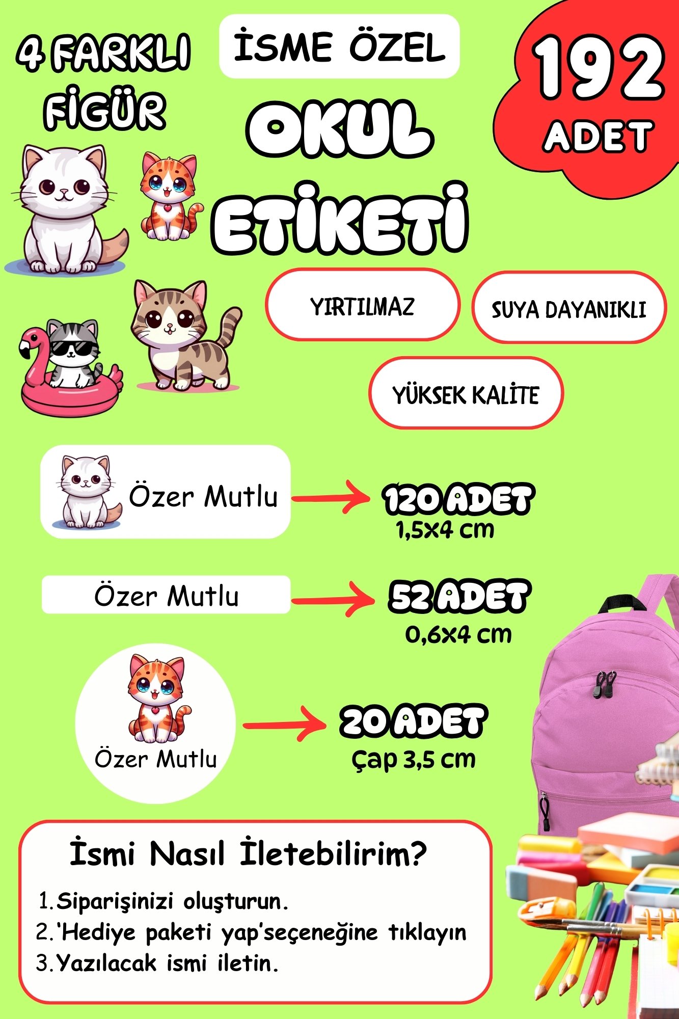 İsme Özel Okul Etiketi Kalem/Defter/Matara Etiketi Sticker Sevimli Kediler/Cat Temalı 192 Adet
