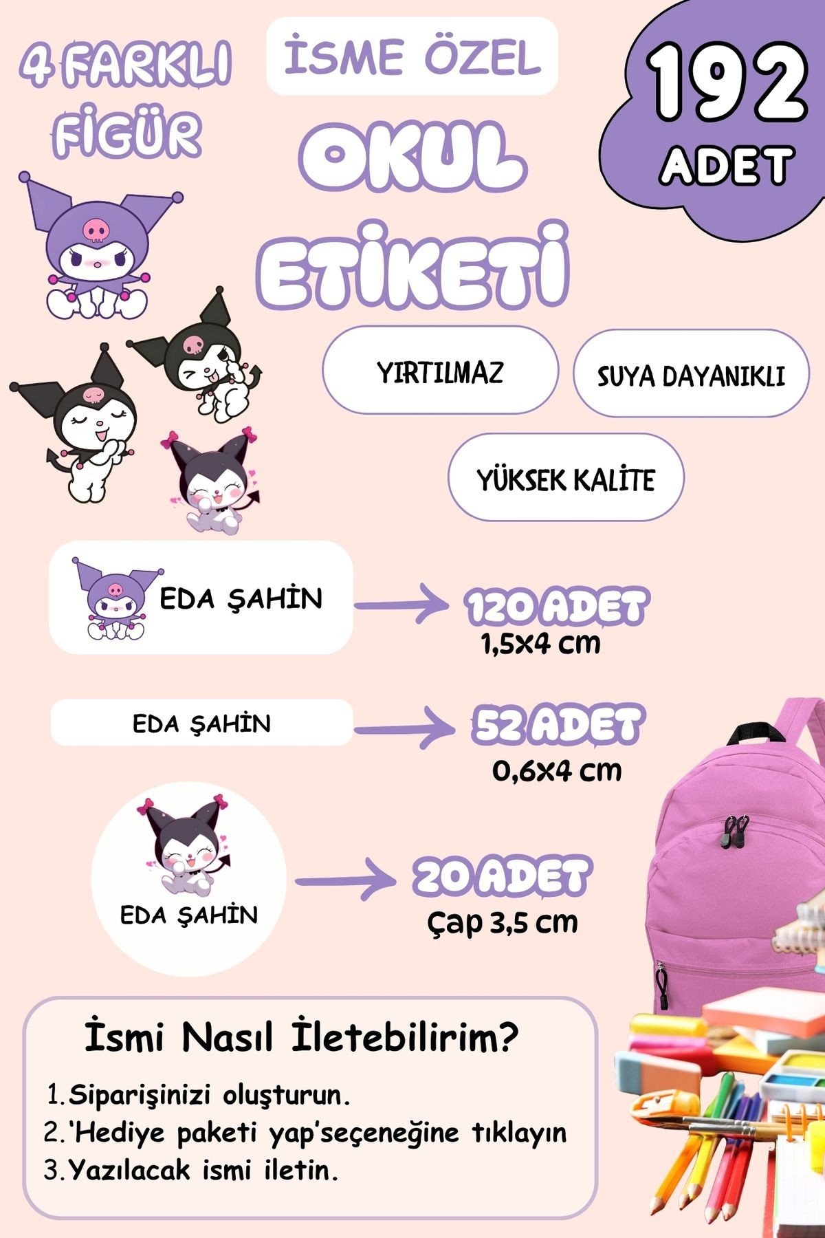 İsme Özel Okul Etiketi Kalem/Defter/Matara Etiketi Sticker Kuromi Temalı 192 Adet