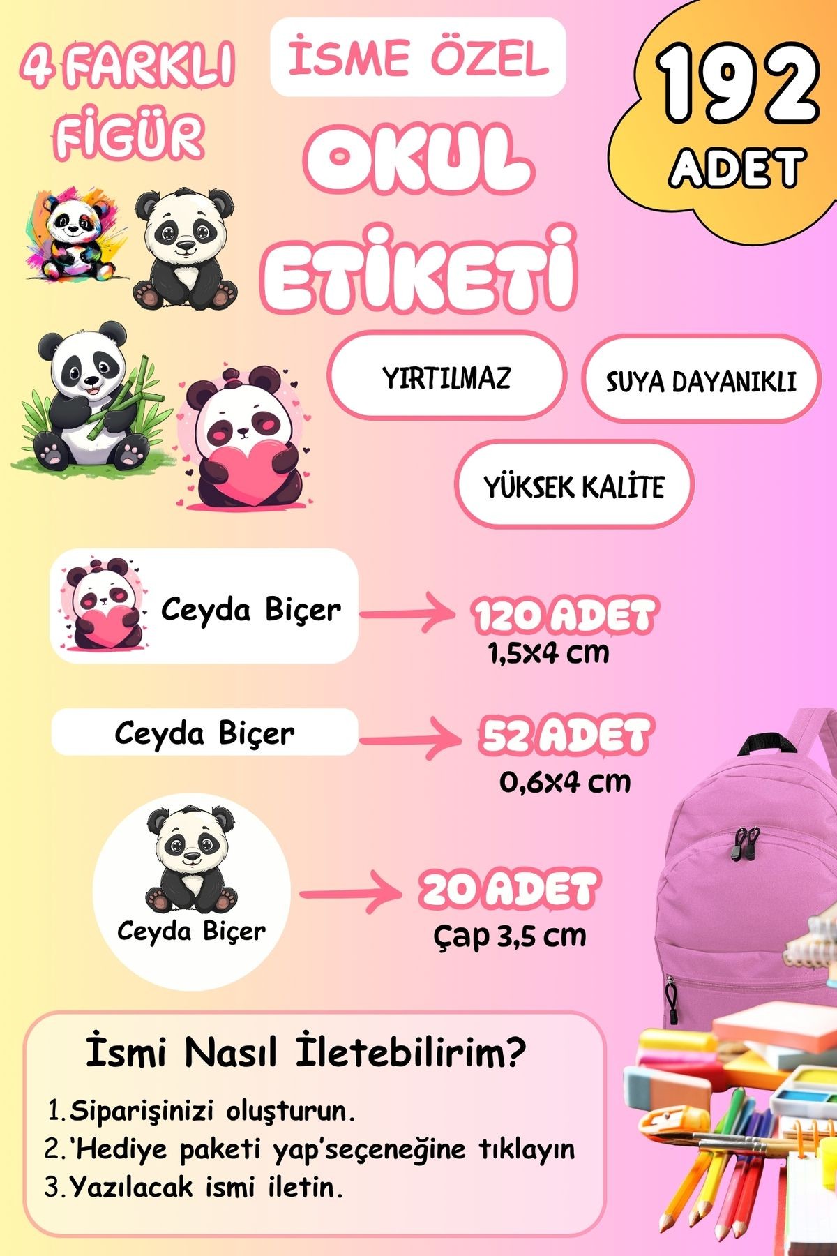 İsme Özel Okul Etiketi Kalem/Defter/Matara Etiketi Sticker Panda Temalı 192 Adet