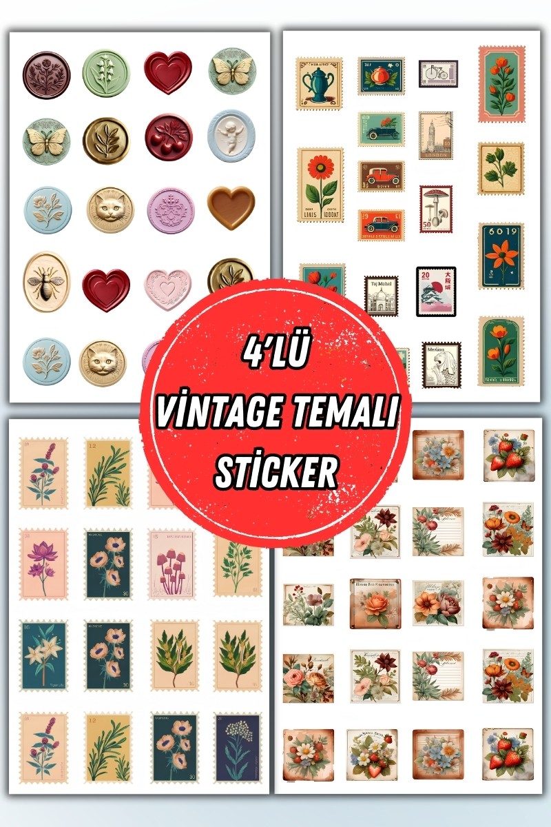 4 'Lü Vintage Pul Sticker Planner Ajanda Bullet Journal İçin Uygun Set