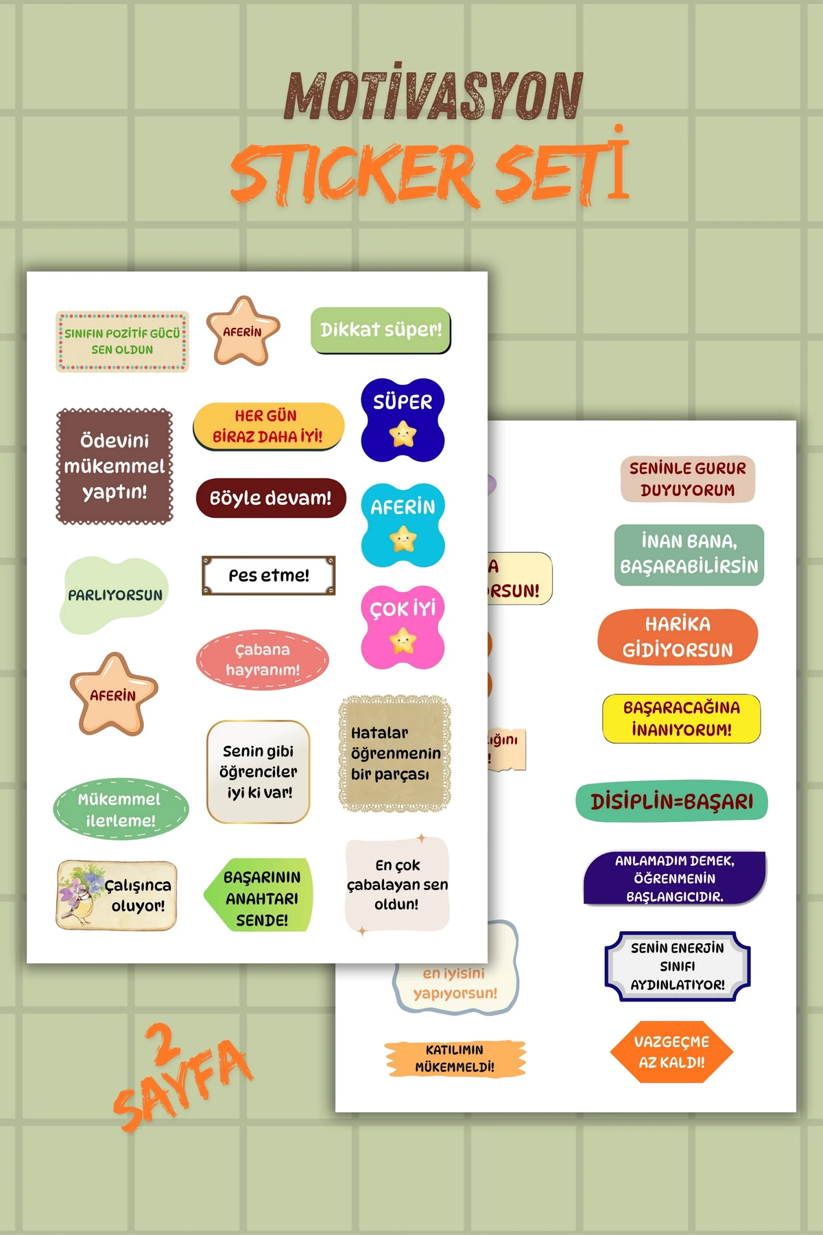 2 Sayfa Öğretmen Sticker/Etiket Seti Öğrenci/ İlham Verici Sözler/Ödül/