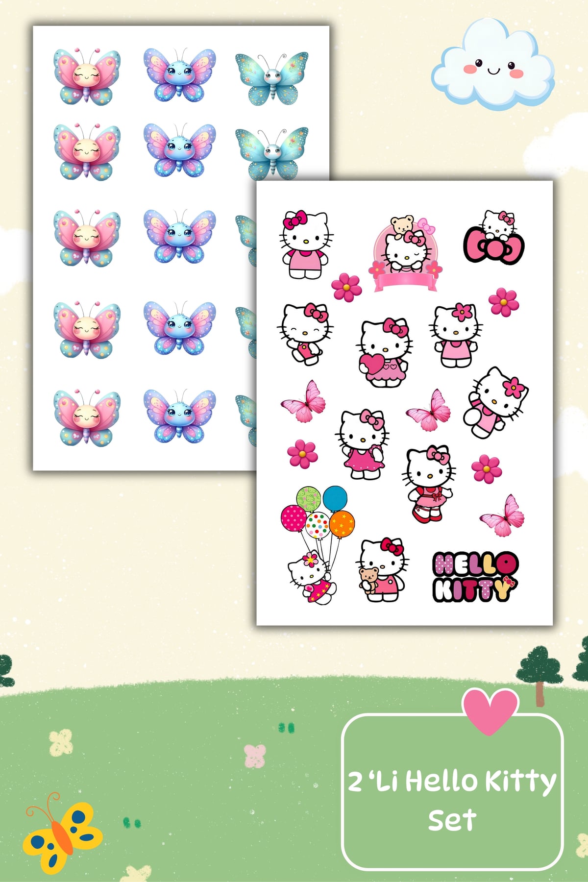 2 'Li Hello Kitty ve Sevimli Kelebek Set Sticker/Etiket/Hediye/Matara/Laptop/Defter