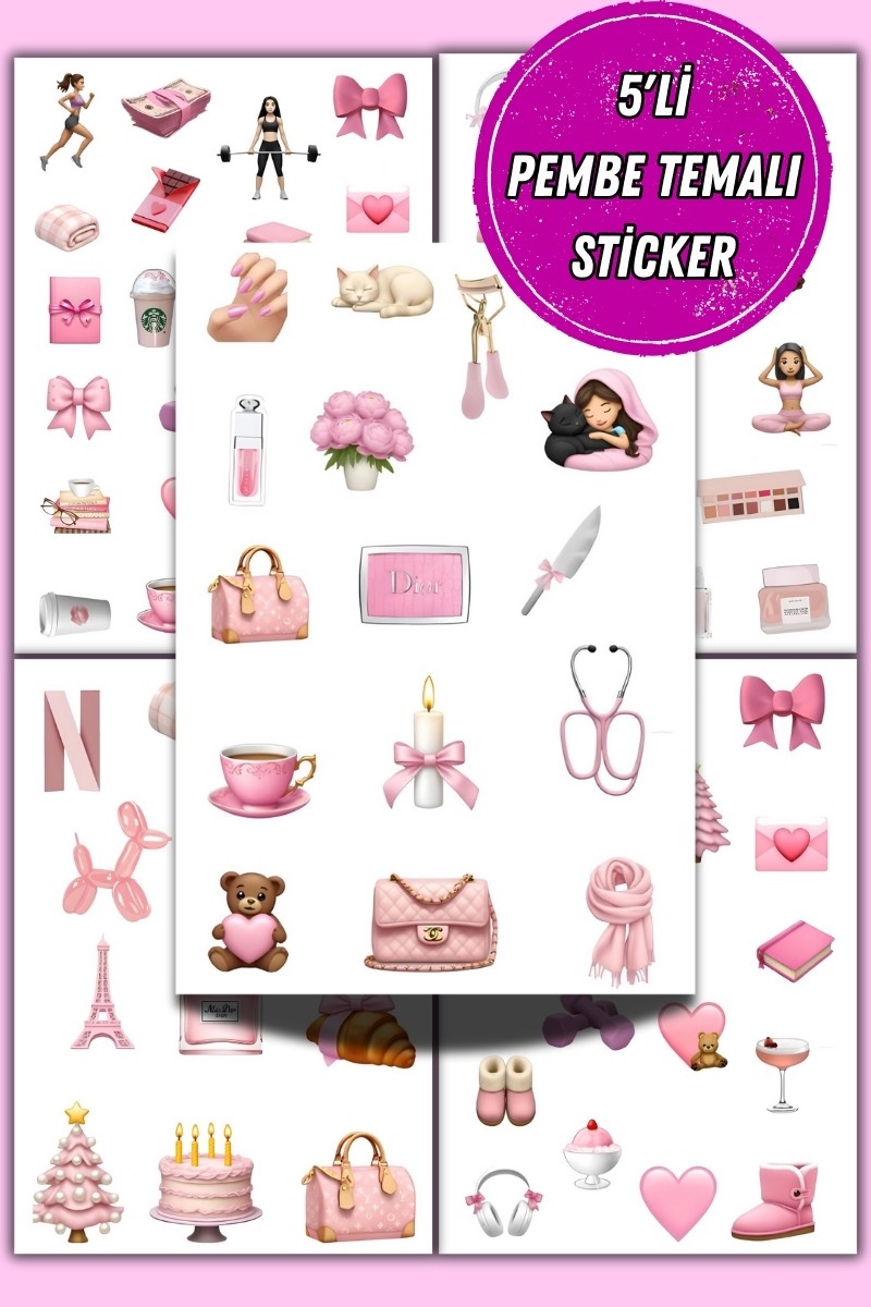 5'Li Pembe Temalı Planner Sticker Set-Çıkartma,Ajanda,Günlük