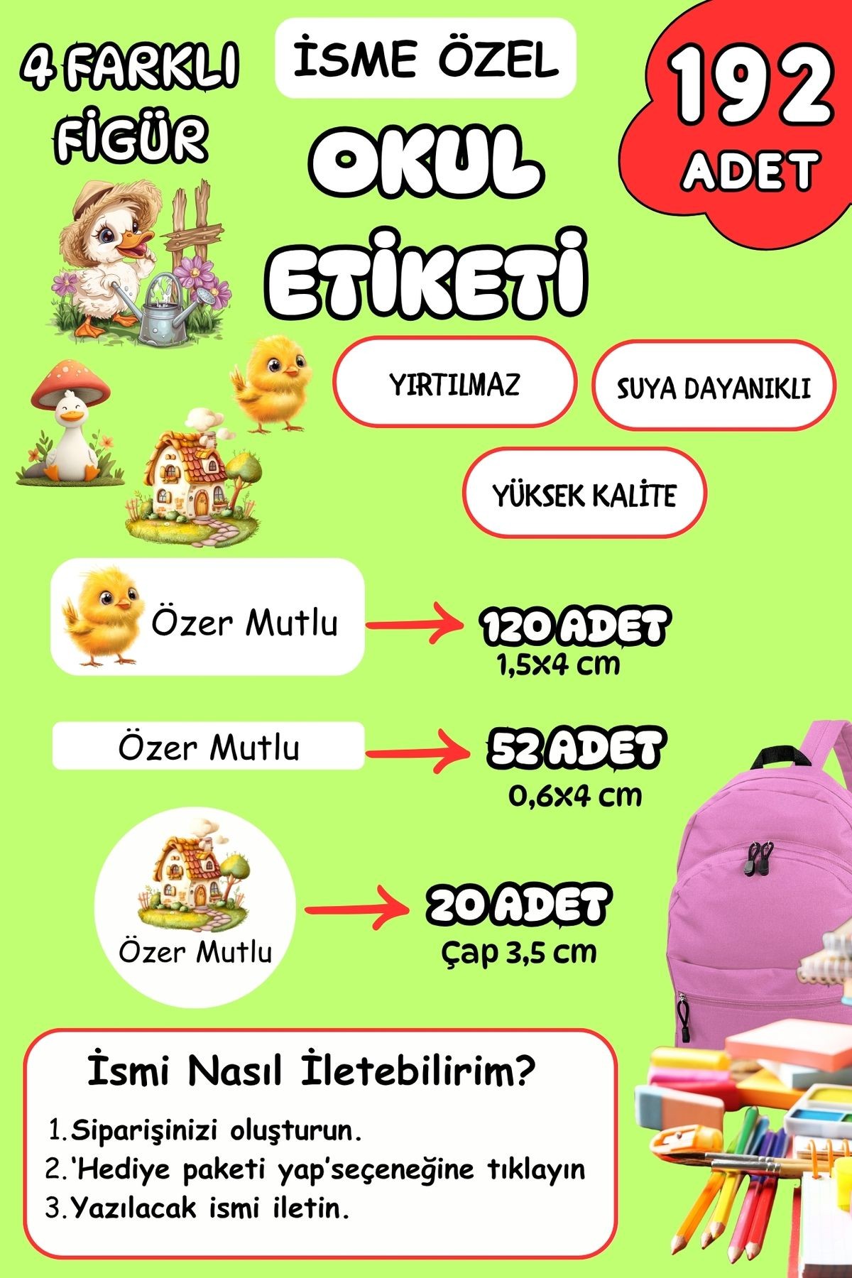 İsme Özel Okul Etiketi Kalem/Defter/Matara Etiketi Sticker Sevimli Karakterler Temalı 192 Adet