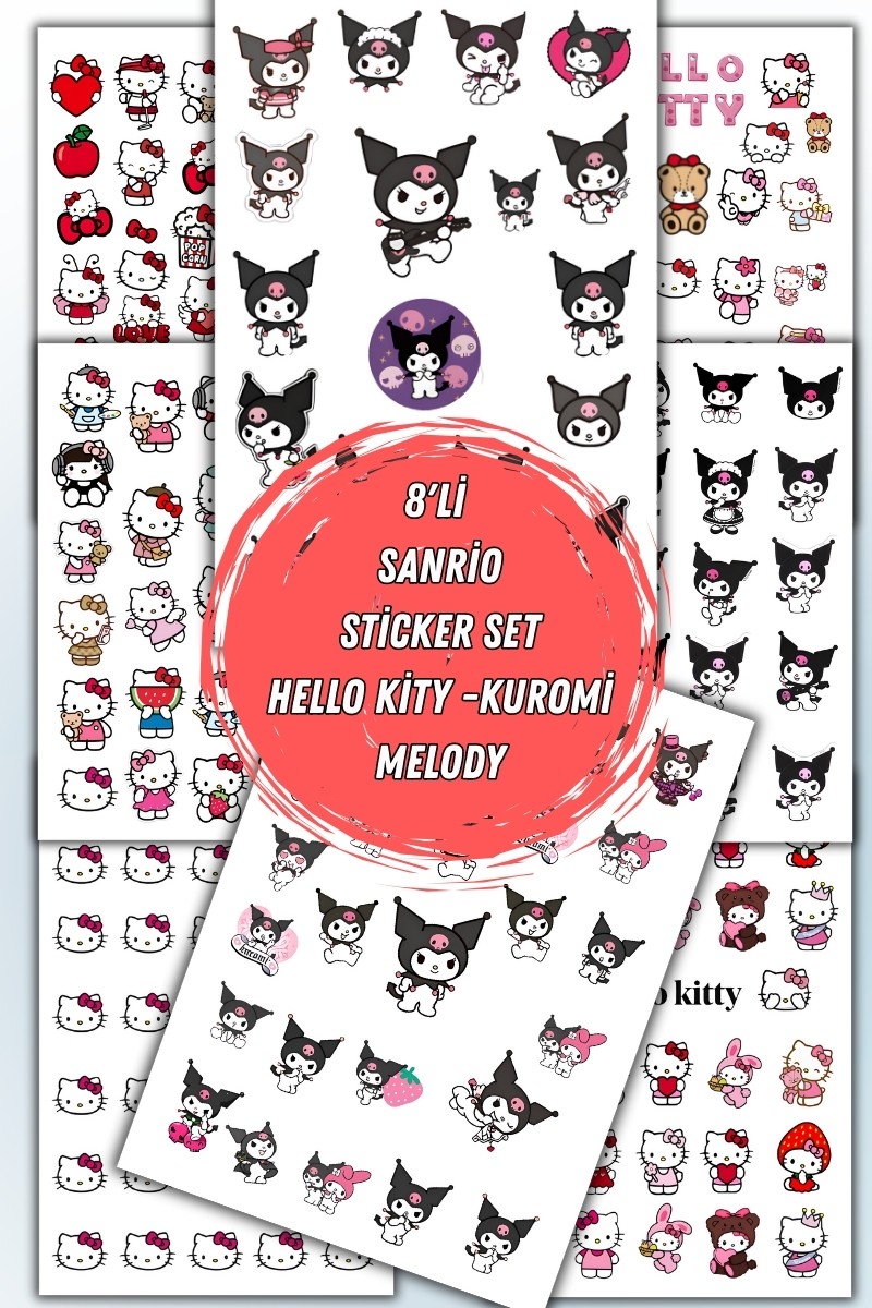 Birikiyedi 8 'Li Sanrio Sticker Set Hello Kitty Kuromi Melody Tablet Telefon Matara