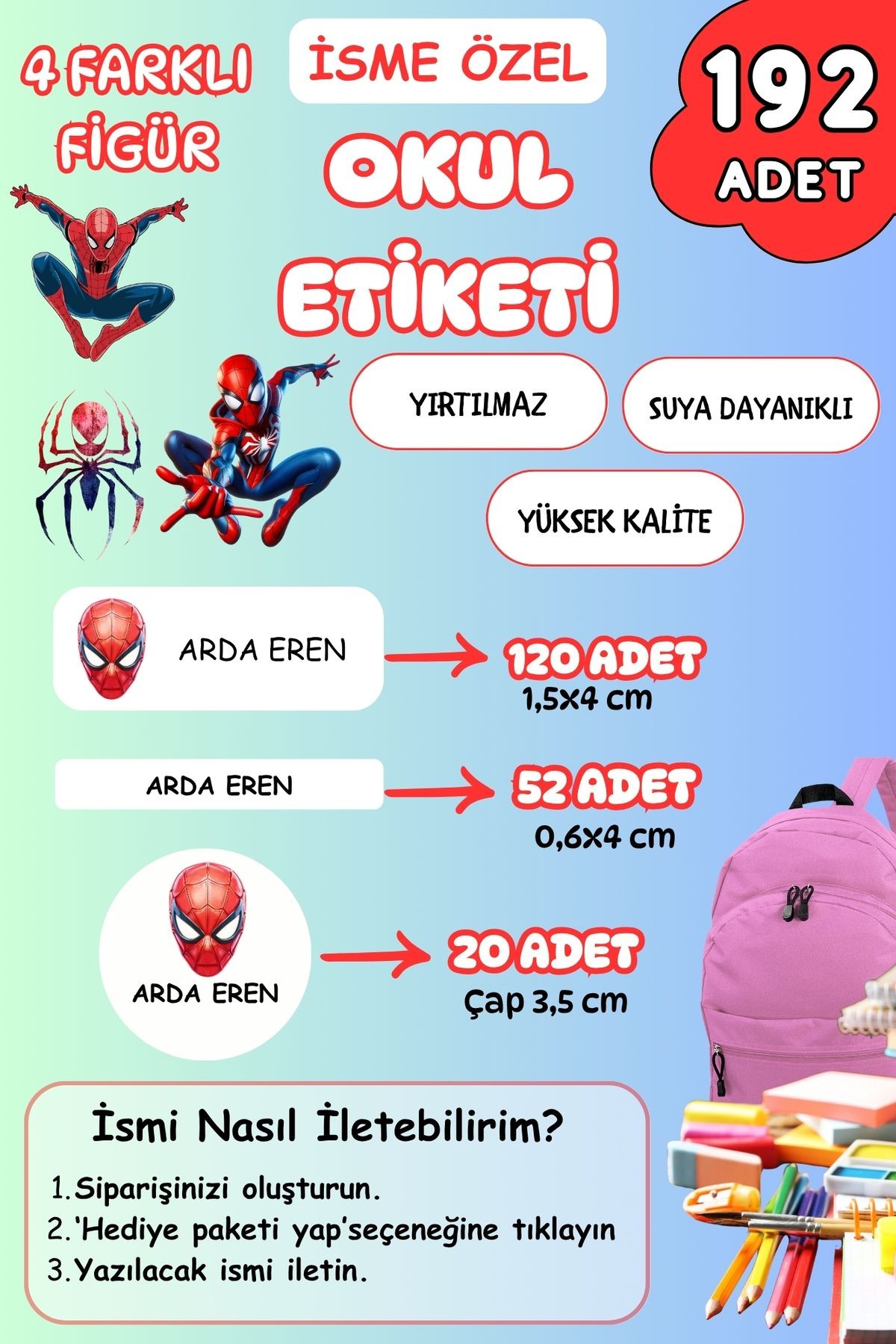 İsme Özel Okul Etiketi Kalem/Defter/Matara Etiketi Sticker Marvel Temalı Örümcek Adam 192 Adet