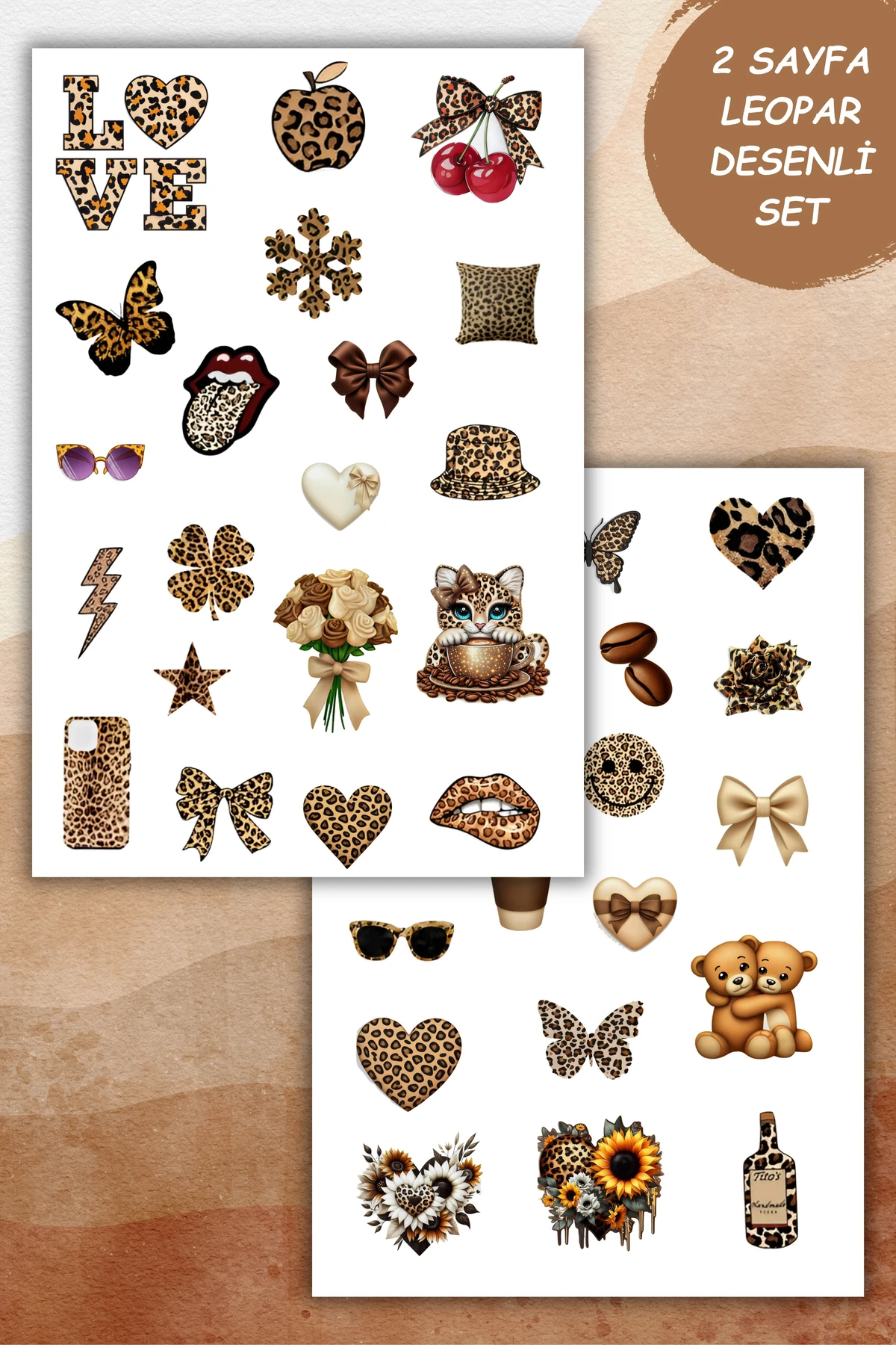 2 Sayfa Kahverengi-Leopar Sticker Set Planner Ajanda Bullet Journal için Uygun Set