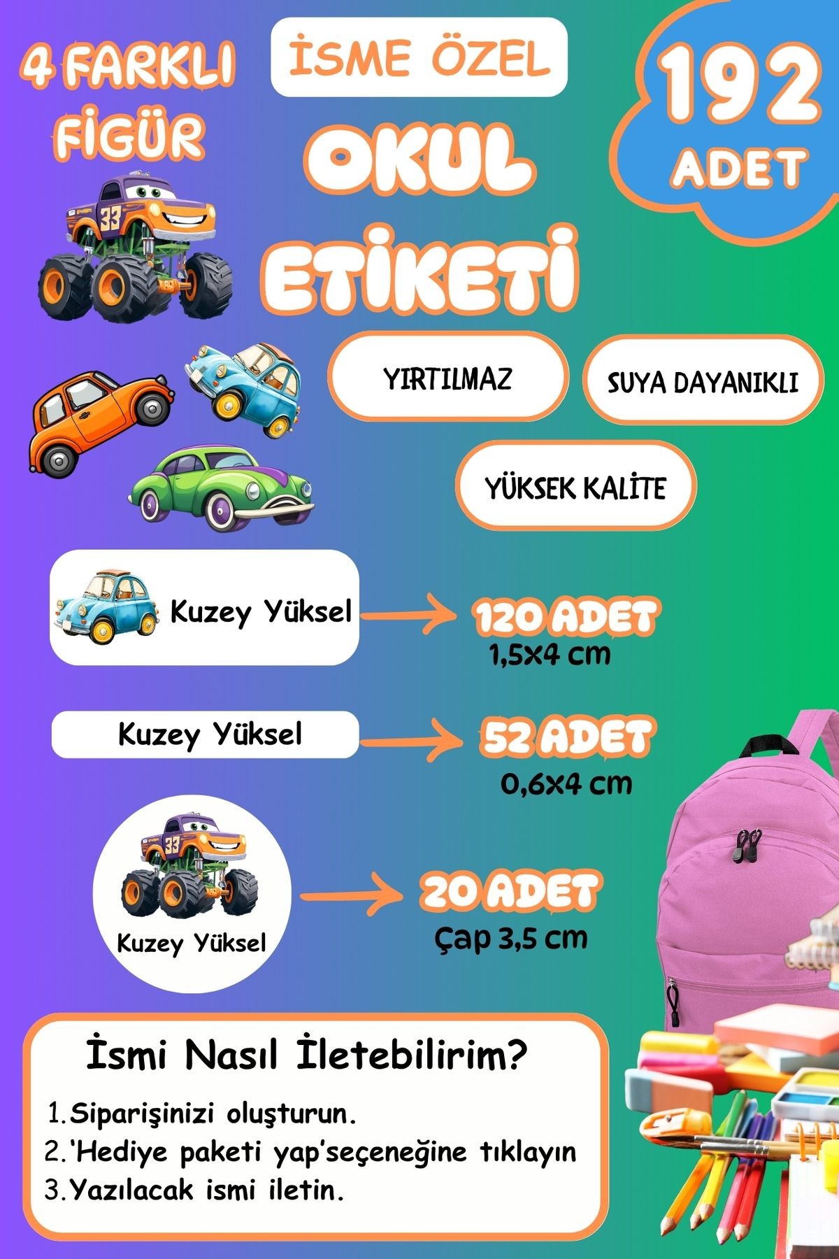 İsme Özel Okul Etiketi Kalem/Defter/Matara Etiketi Sticker Taşıtlar/Araçlar/Arabalar Temalı 192 Adet