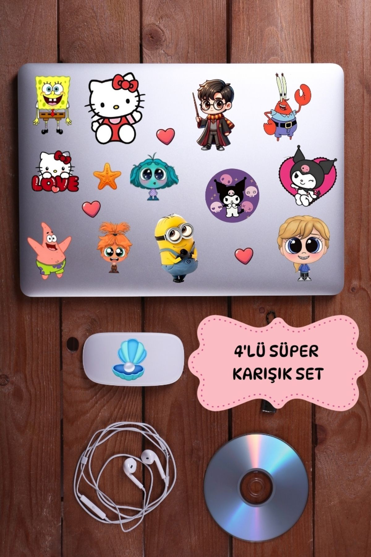 4'Lü Karışık Süper Sticker Seti- Sünger Bob Hello Kitty Ters Yüz Harry Potter Laptop Notebook