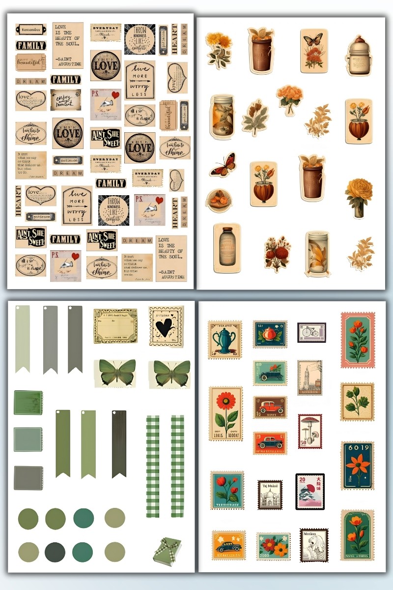 10'lu Vintage Sticker Planner Ajanda Bullet Journal Için Uygun Set