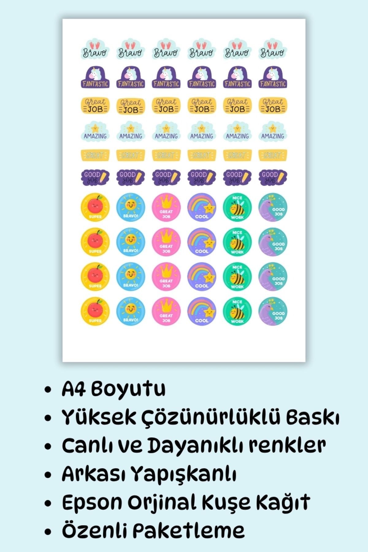 60 Adet Öğretmen Stickerı Motivasyon/ Öğrenci /Ödül / Ödev Stickerı /A4 Boyutu/İngilizce