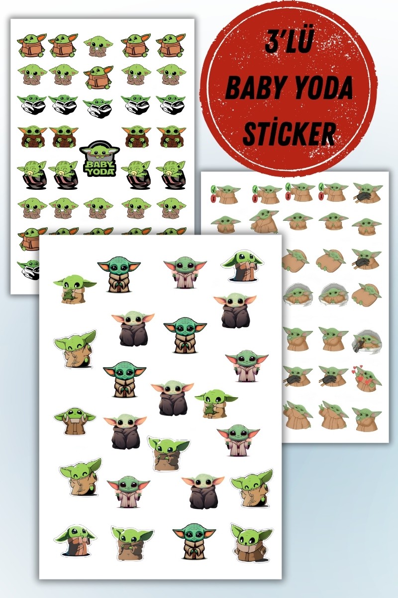 Birikiyedi Baby Yoda 2'Li Set Sticker Telefon Laptop Notebook Tablet Defter Matara Etiket