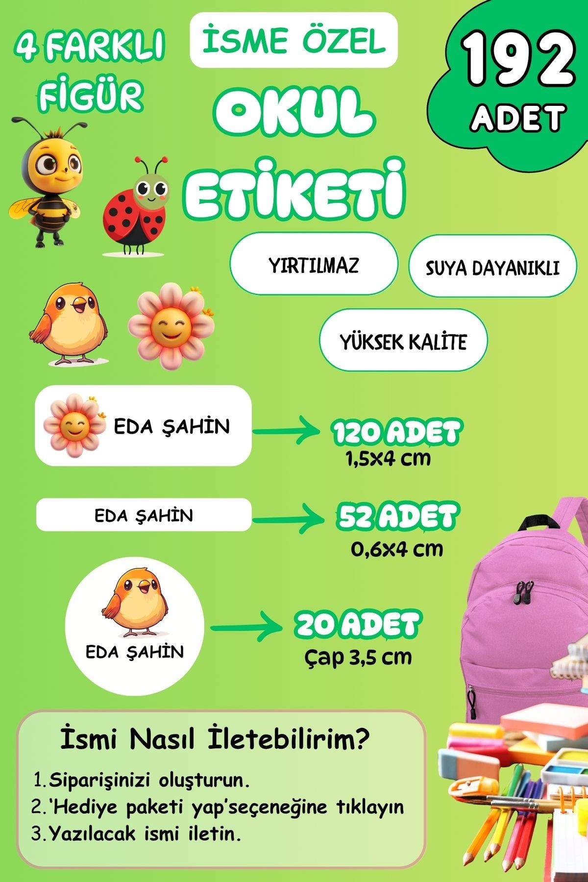 İsme Özel Okul Etiketi Kalem/Defter/Matara Etiketi Sticker Çiçek,Kuş,Uğur Böceği,Arı Temalı 192 Adet