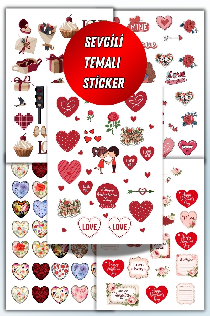 Birikiyedi Sevgil,Aşk ,Sevgililer Günü 5'Li Sticker Seti Planner Ajanda Bullet Journal İçin Uygun Set
