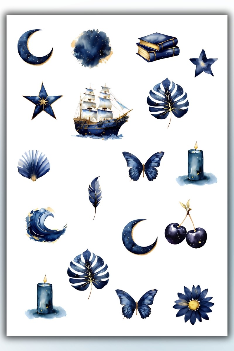 Blue Temalı 2'li Sticker Planner Ajanda Bullet Journal Için Uygun Set