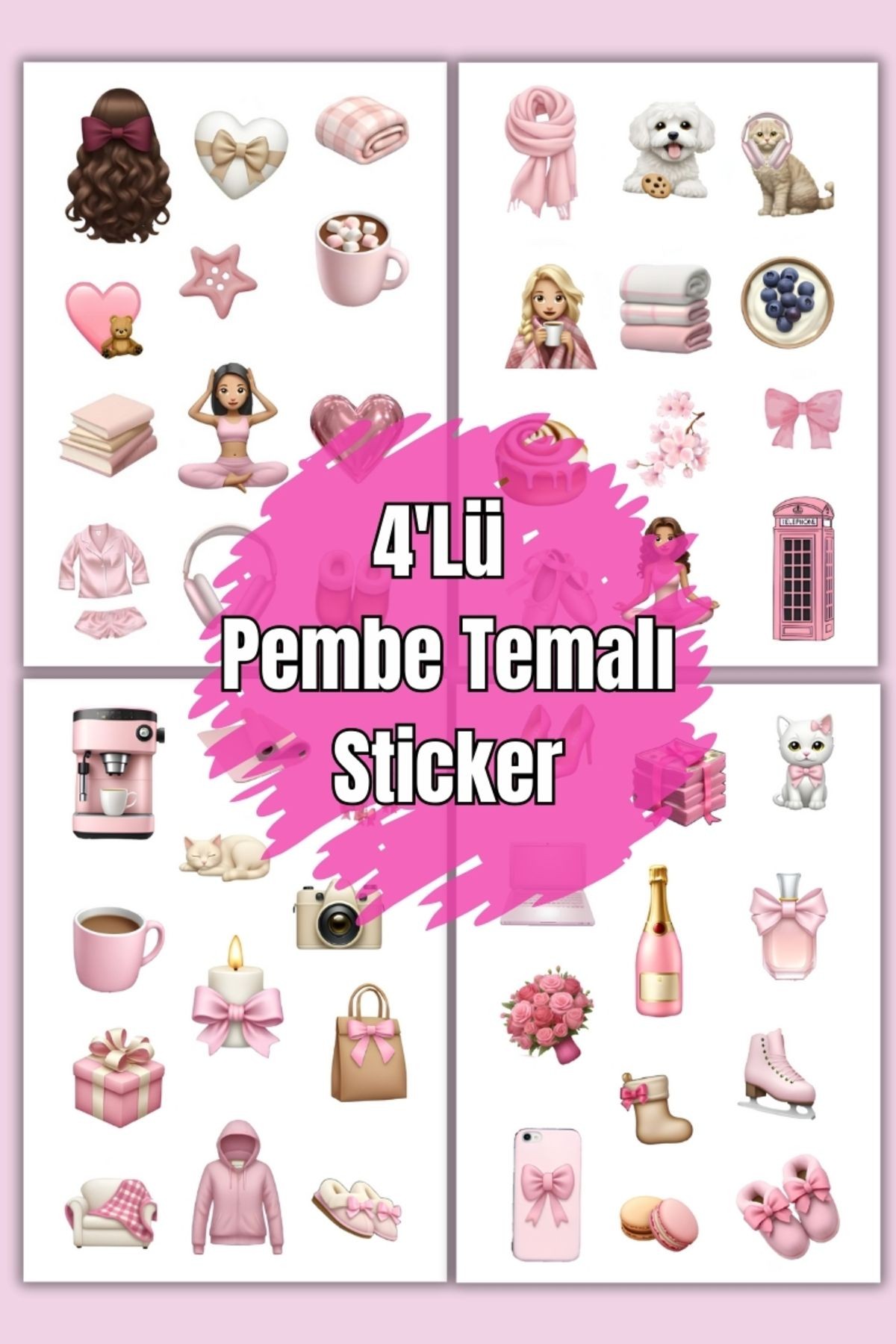 4 Lü Pink Girls Sticker Set Sevimli Pempe Temalı Sticker Set Sticker Set's