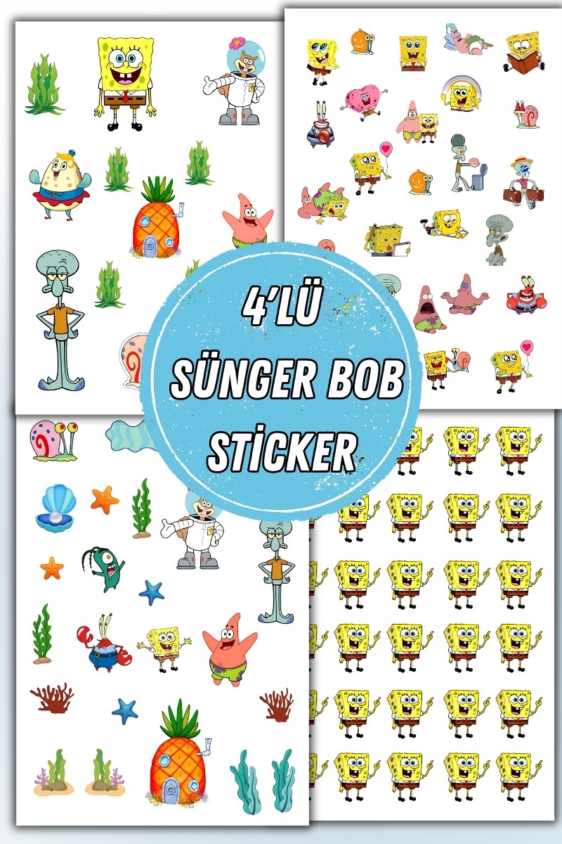 4' Lü Sünger Bob Sticker Set Telefon Laptop Notebook Tablet Defter Matara Stiker Etiket