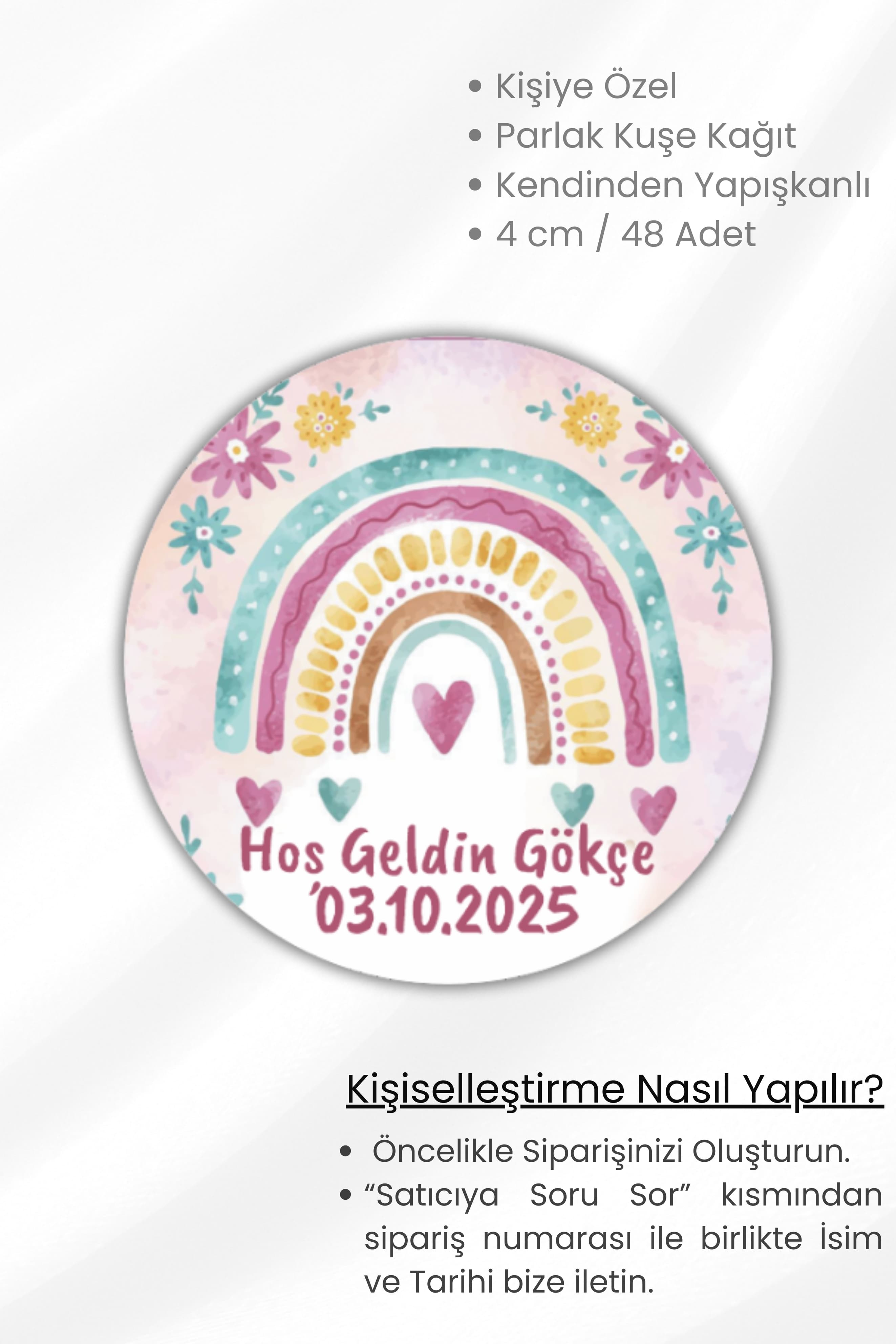 İsme/Kişiye Özel Doğum Günü Babyshower Hoşgeldin Bebek Etiketi 4 cm 48 Adet Etiket
