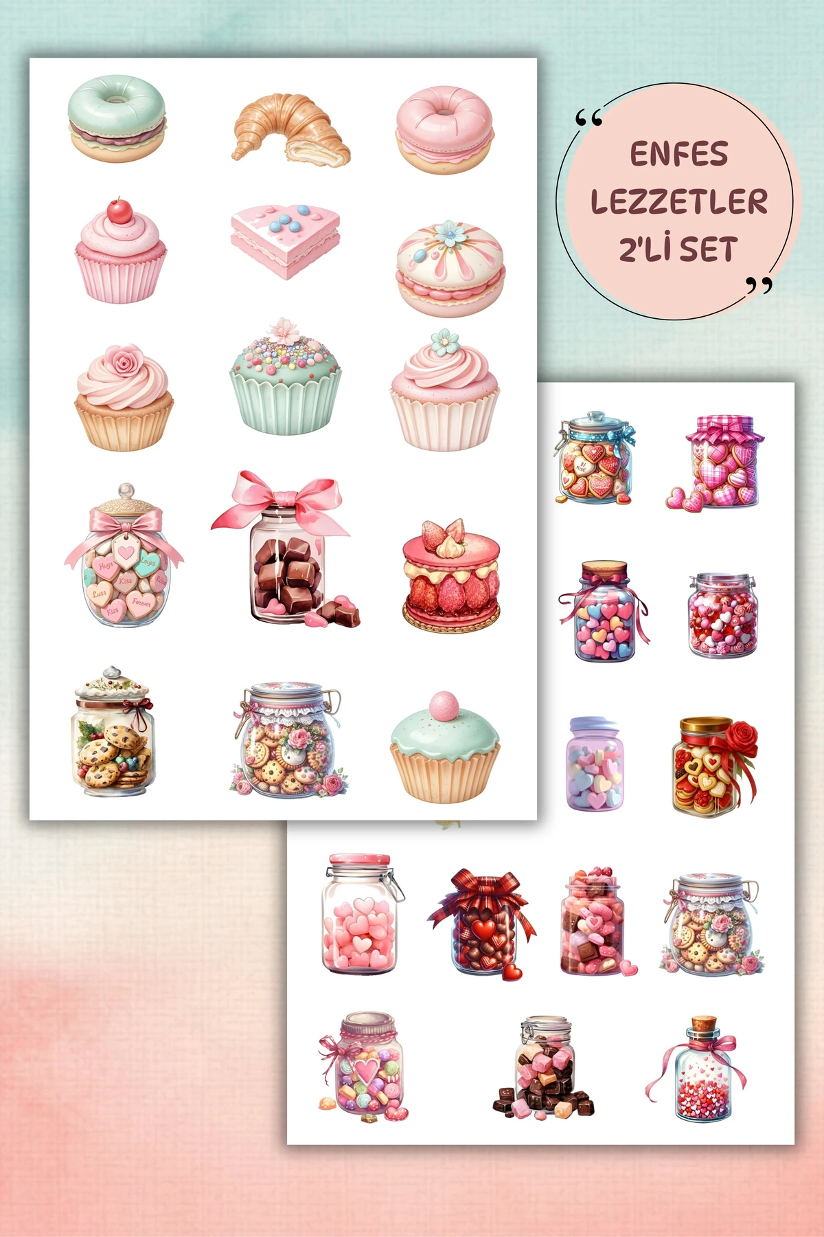 2'Li Enfes Tatlar Temalı Sticker Seti / Bullet Journal Scrapbook Kolaj için uygun
