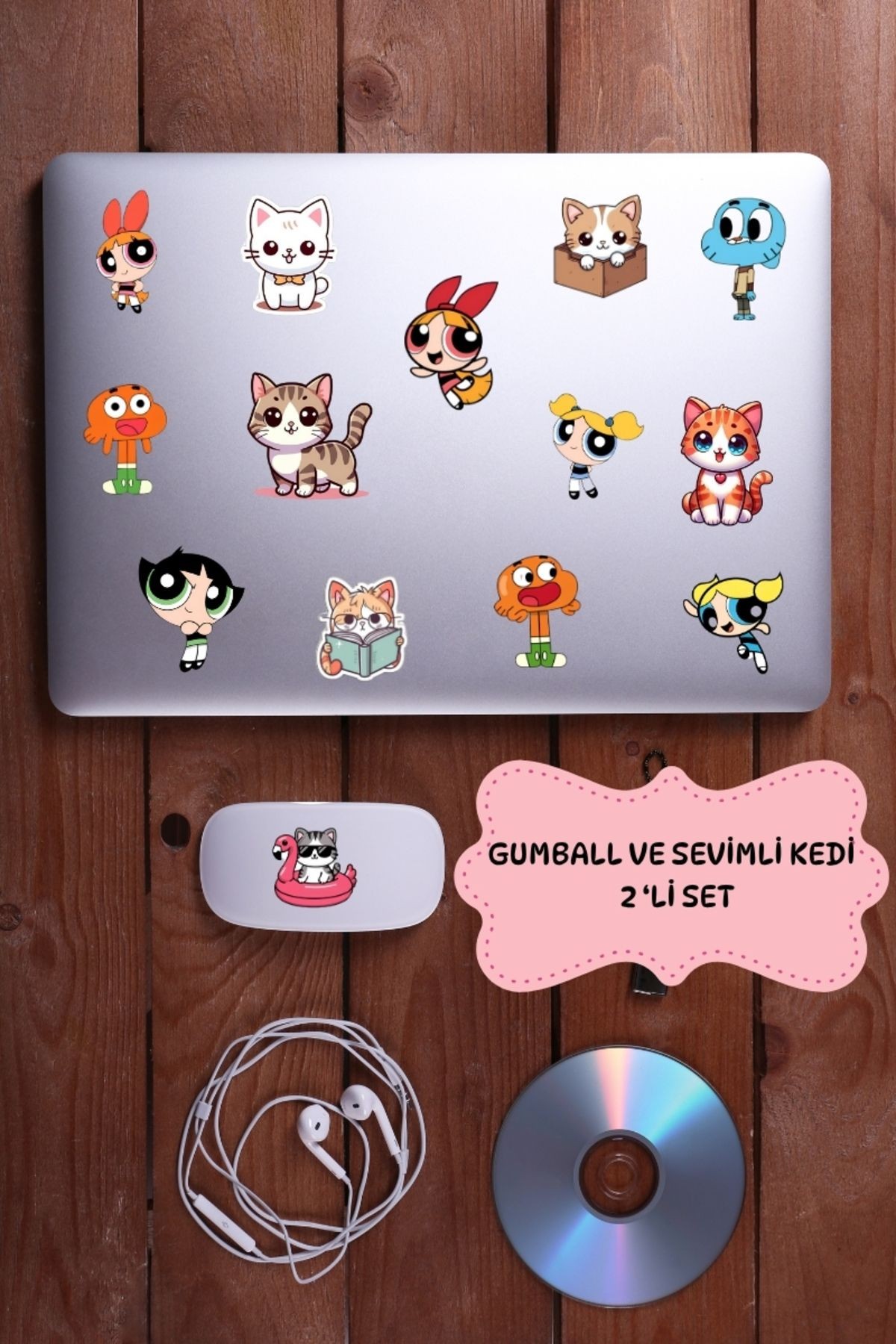 Gumball ve Sevimli Kedi-Cat Temalı Sticker Etiket Seti- Laptop Notebook Telefon 2 Li Set