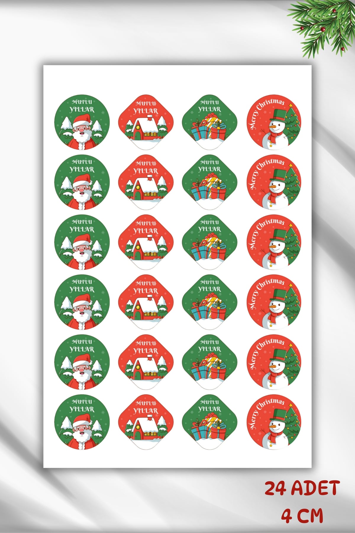 Merry Christmas Sticker Mutlu Yıllar Etiket 4 cm 24 adet Yeni yıl yılbaşı Paketleme Süsleme Hediye