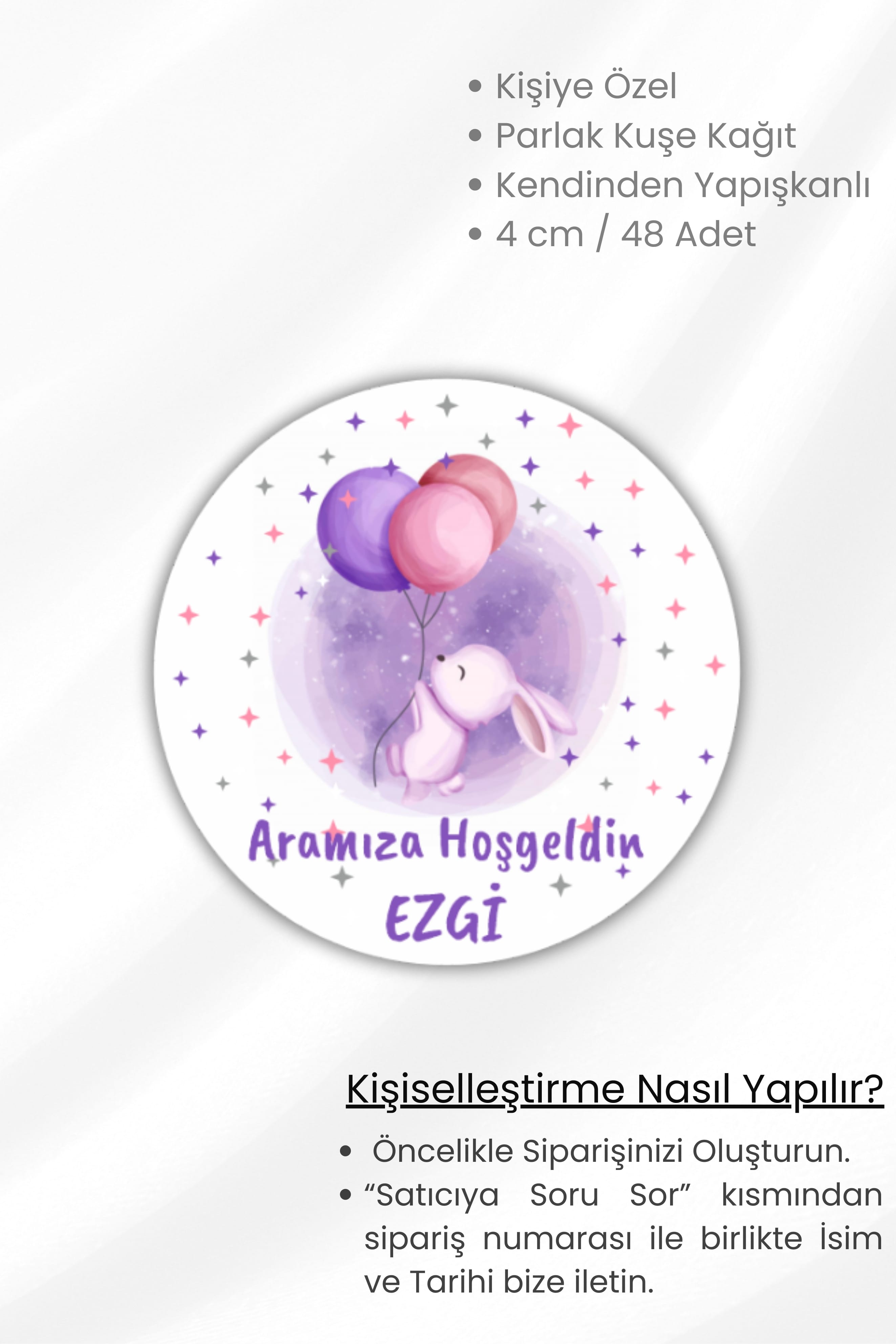 İsme/Kişiye Özel Doğum Günü Babyshower Hoşgeldin Bebek /Kız Çocuk Etiketi 4 cm 48 Adet Etiket