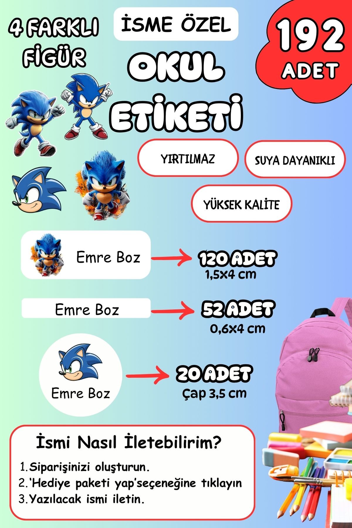 İsme Özel Okul Etiketi Kalem/Defter/Matara Etiketi Sticker Kirpi Sonic Temalı 192 Adet