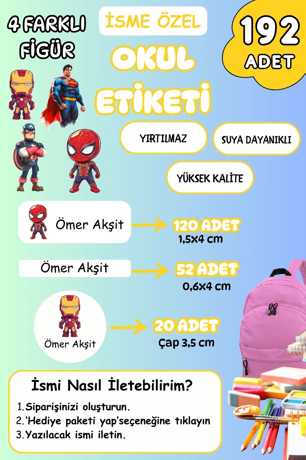İsme Özel Okul Etiketi Kalem/Defter/Matara Etiketi Sticker Süper Kahramanlar Temalı 192 Adet