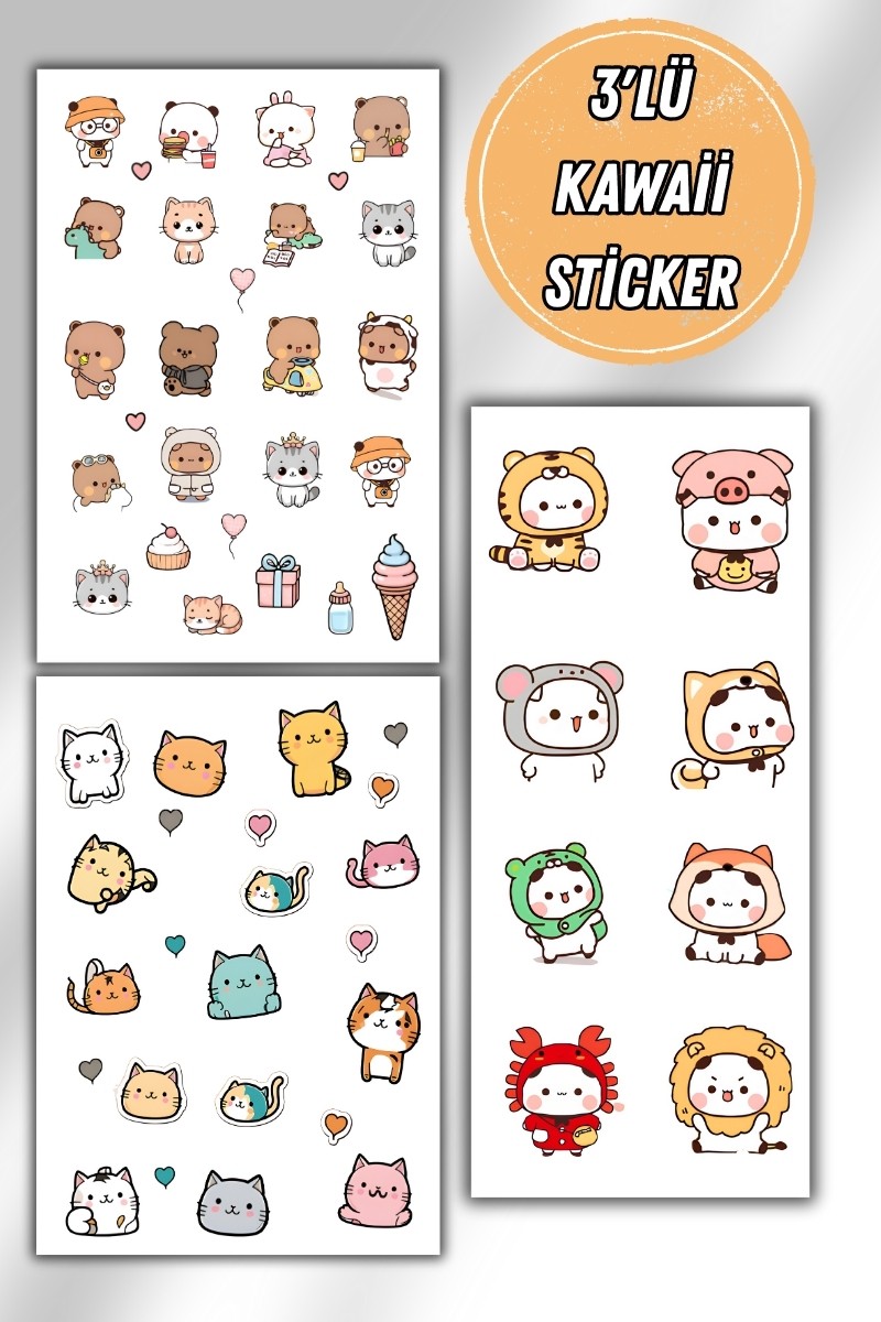 3 Lü Kawaii Sticker Set 40 + Çıkartma - Telefon Laptop Notebook Tablet Defter Matara Stiker Etiket
