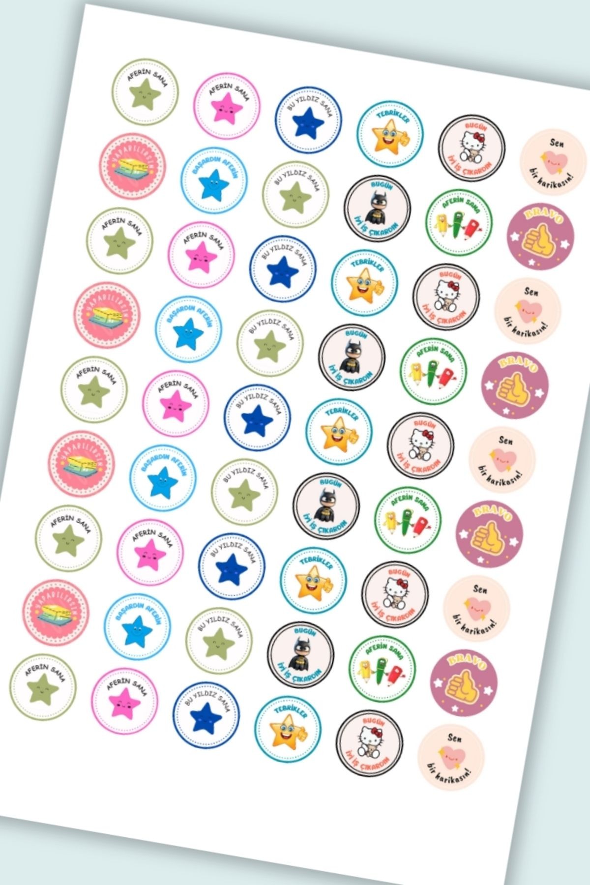 54 Adet Öğretmen Stickerı Motivasyon/ Öğrenci /Ödül / Ödev Stickerı /A4 Boyutu/2,5 cm