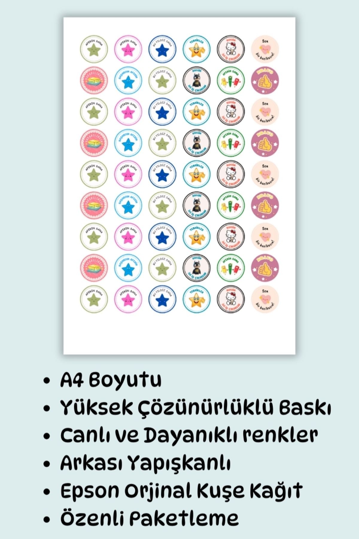 54 Adet Öğretmen Stickerı Motivasyon/ Öğrenci /Ödül / Ödev Stickerı /A4 Boyutu/2,5 cm