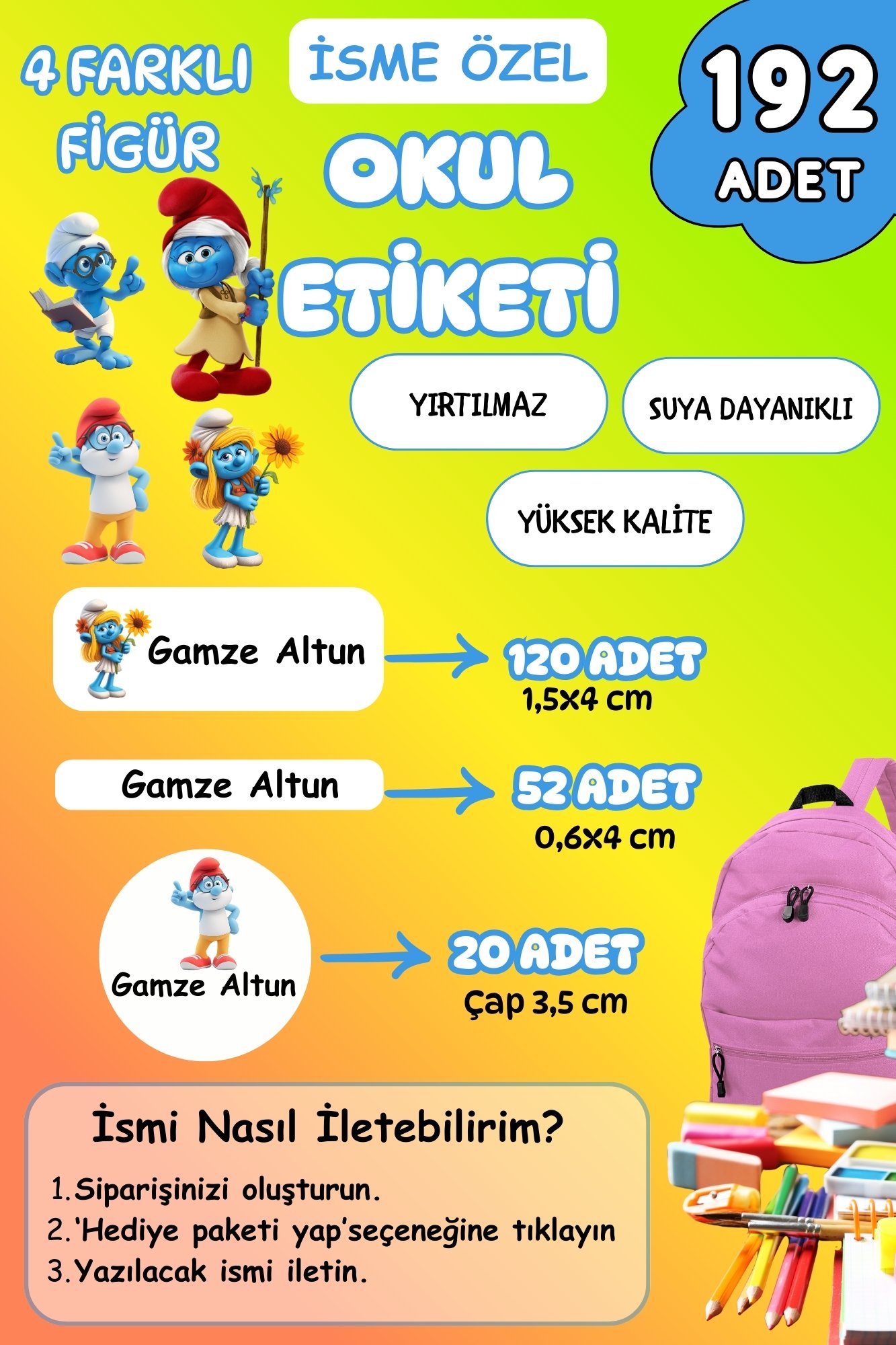 İsme Özel Okul Etiketi Kalem/Defter/Matara Etiketi Sticker Şirinler/Şirine Temalı 192 Adet