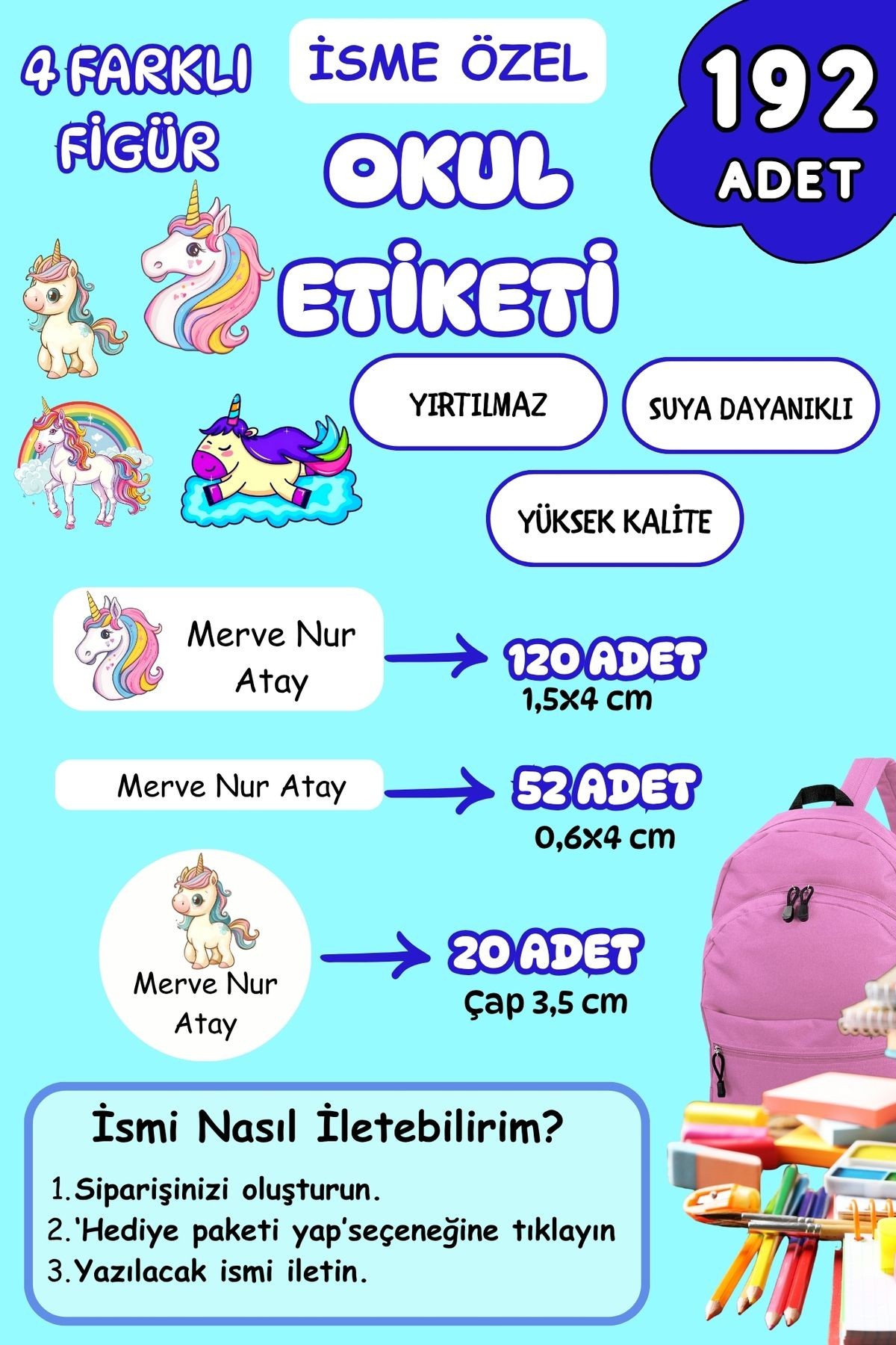 İsme Özel Okul Etiketi Kalem/Defter/Matara Etiketi Sticker Unicorn Temalı 192 Adet