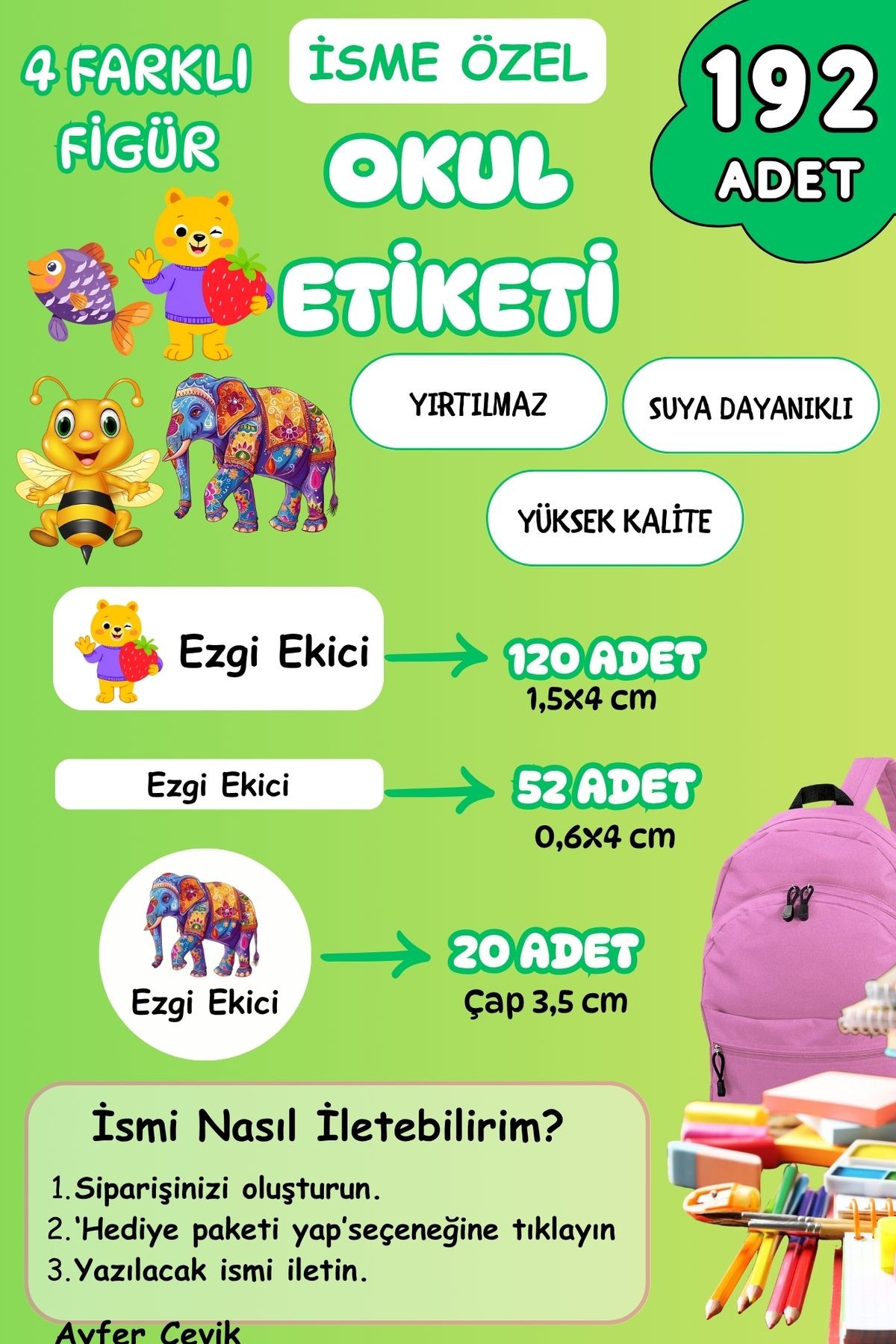 İsme Özel Okul Etiketi Kalem/Defter/Matara Etiketi Sticker Arı, Balık, Fil , Ayı Temalı 192 Adet